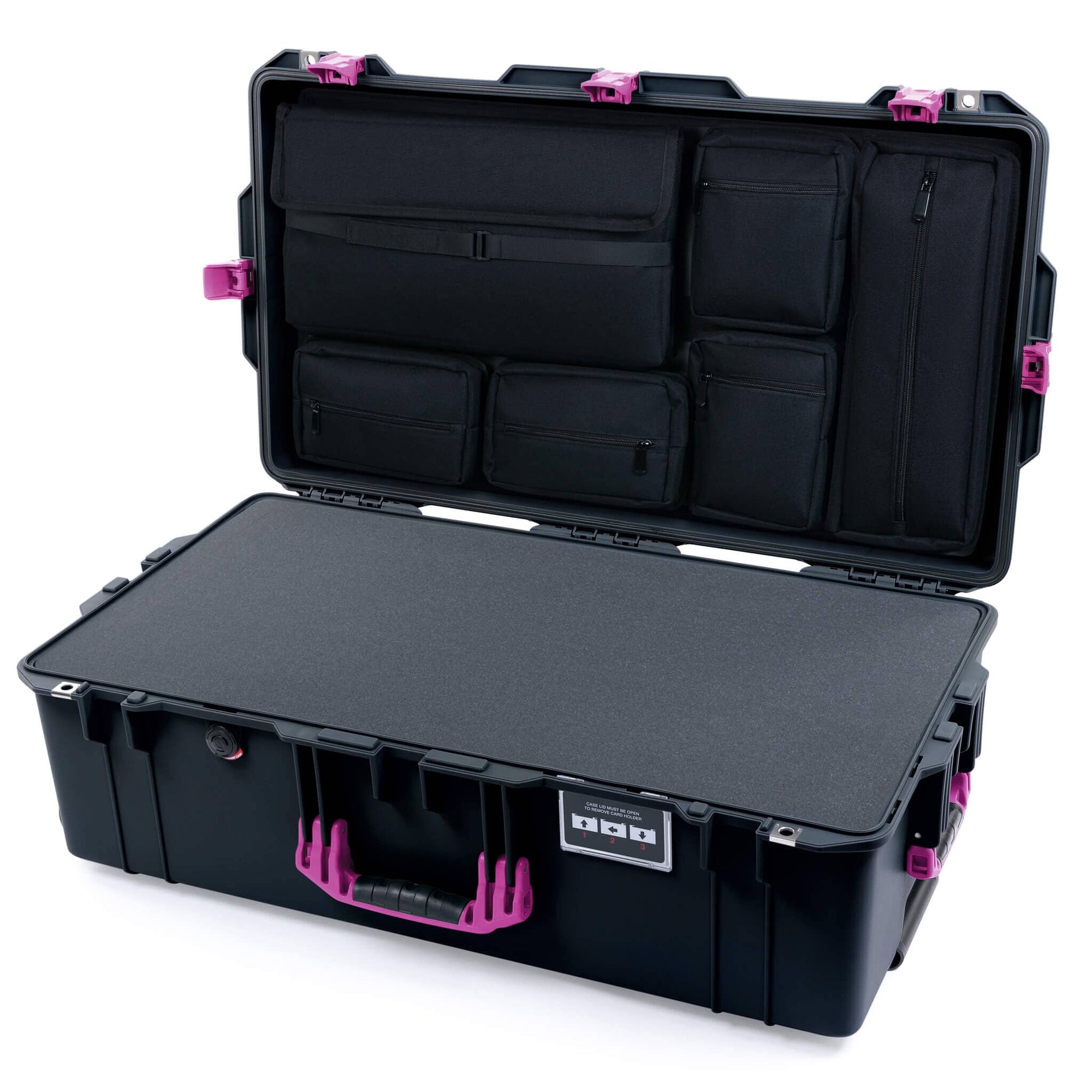 Pelican 1615 Air Case, Black with Magenta Handles & Latches Pick & Pluck Foam with Laptop Computer Lid Pouch ColorCase 016150-0201-110-401