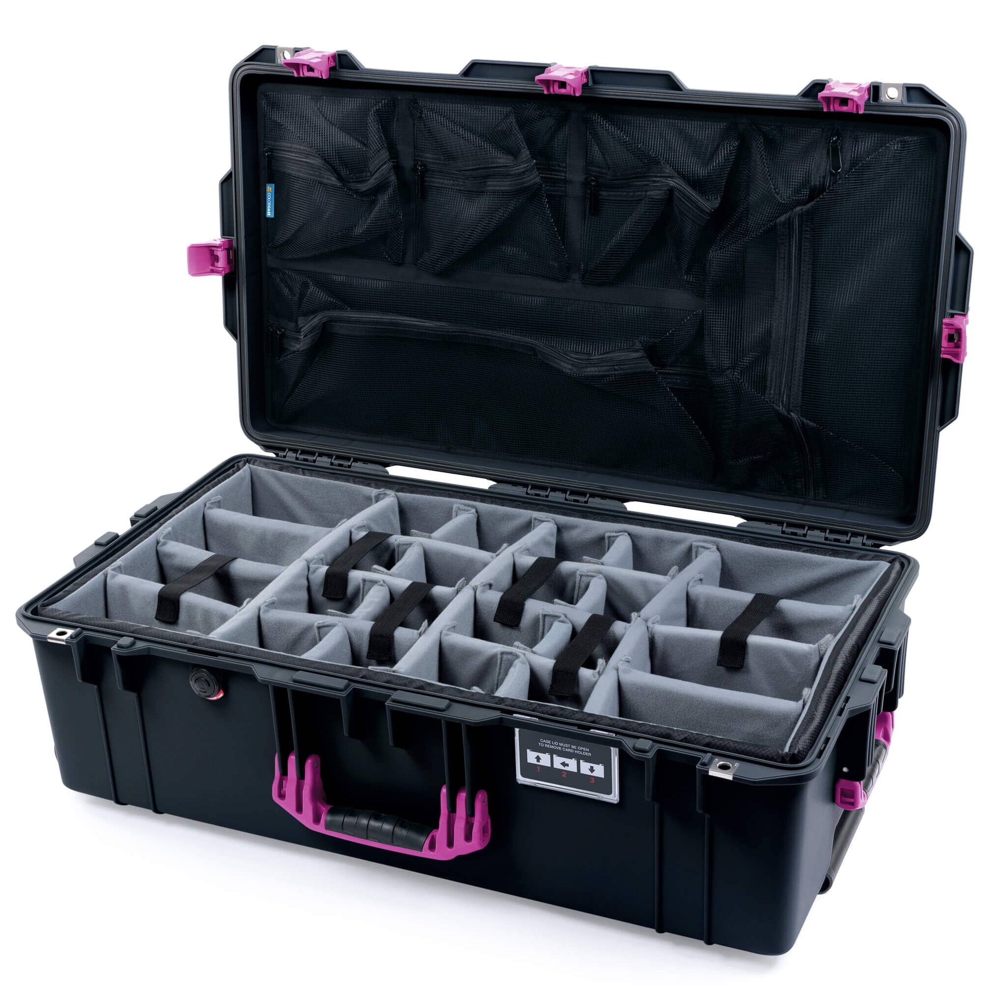 Pelican 1615 Air Case, Black with Magenta Handles & Latches Gray Padded Microfiber Dividers with Mesh Lid Organizer ColorCase 016150-0170-110-401