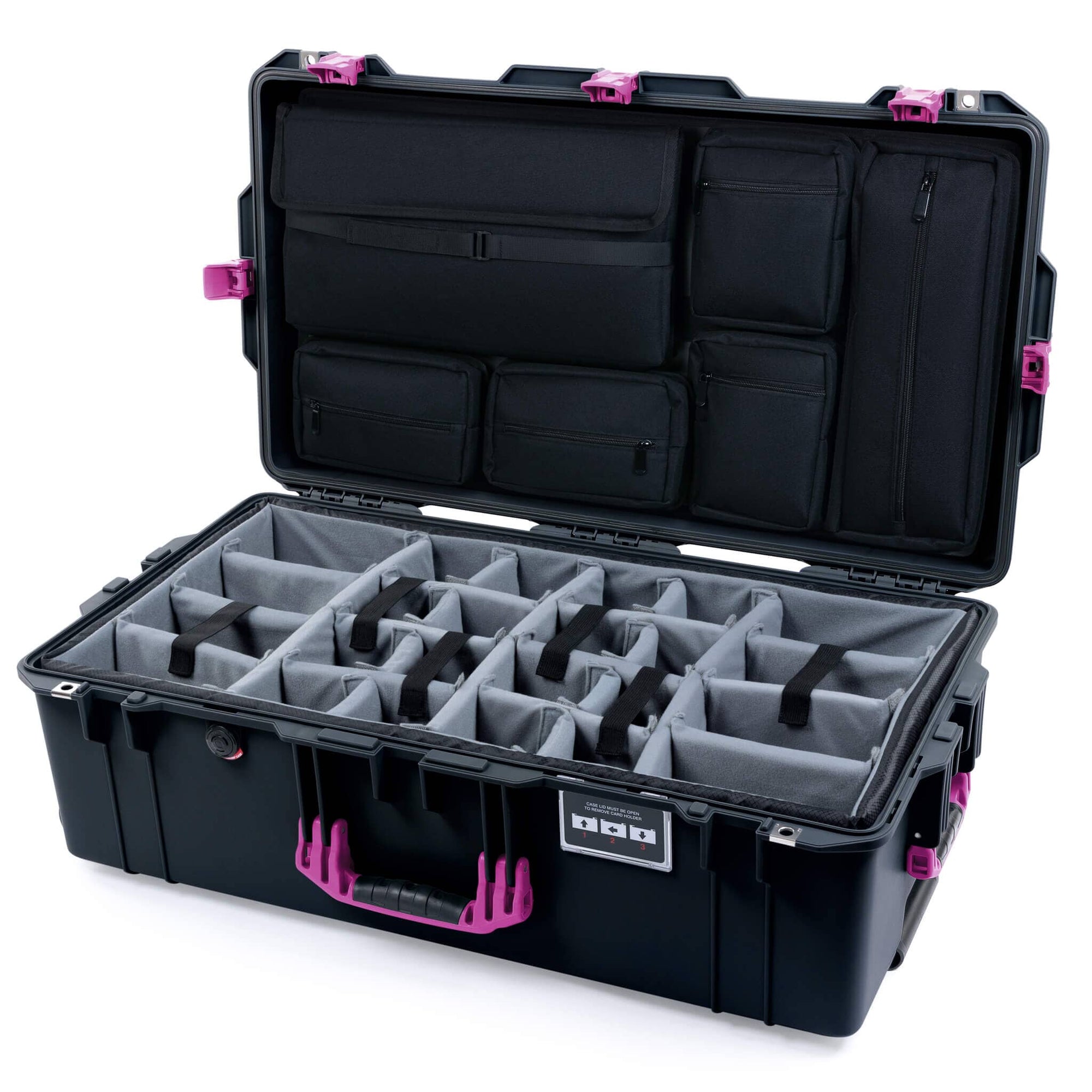 Pelican 1615 Air Case, Black with Magenta Handles & Latches Gray Padded Microfiber Dividers with Laptop Computer Lid Pouch ColorCase 016150-0270-110-401