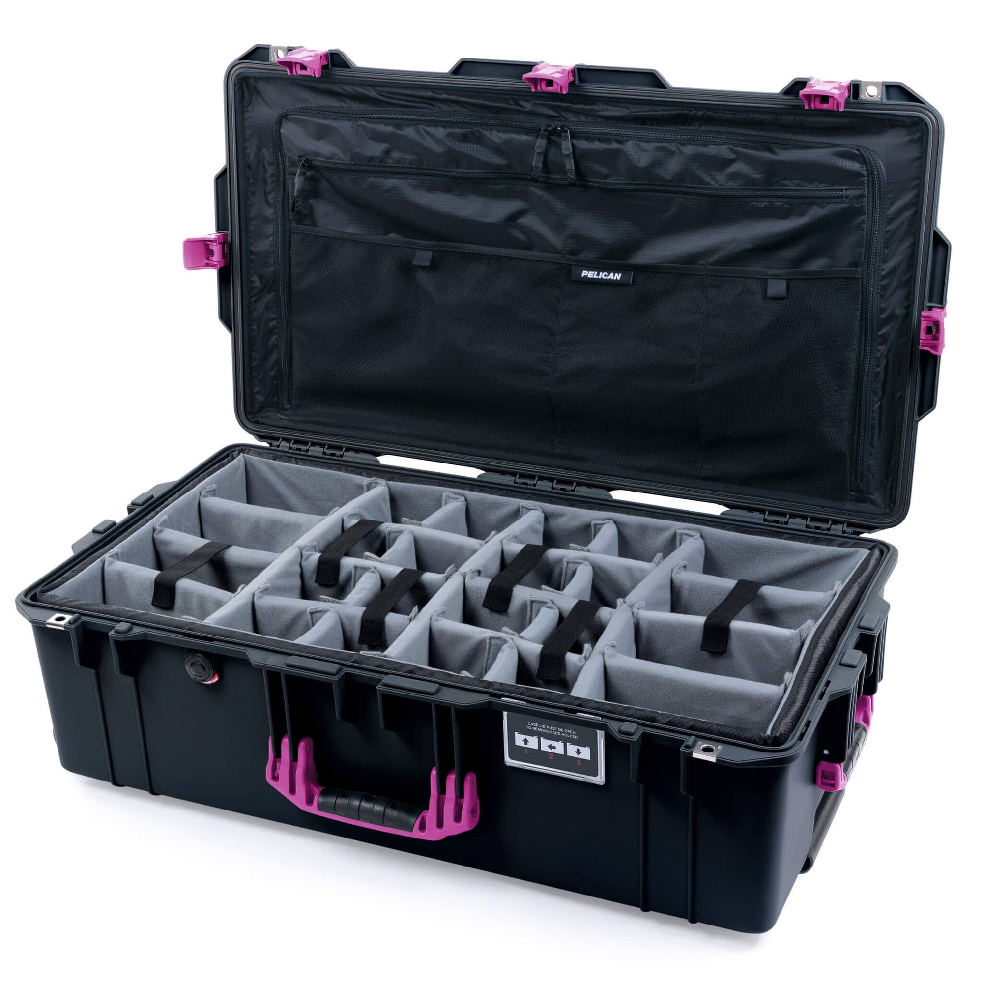 Pelican 1615 Air Case, Black with Magenta Handles, Latches & Trolley Gray Padded Microfiber Dividers with Combo-Pouch Lid Organizer ColorCase 016150-0370-110-401-400