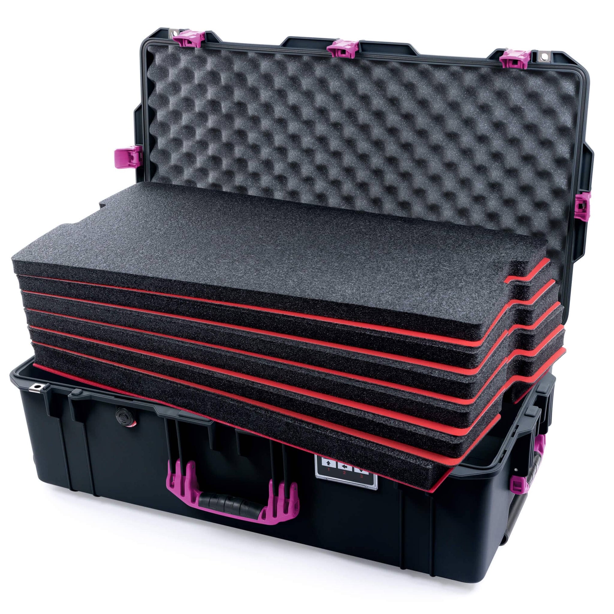 Pelican 1615 Air Case, Black with Magenta Handles, Latches & Trolley Custom Tool Kit (6 Foam Inserts with Convoluted Lid Foam) ColorCase 016150-0060-110-401-400