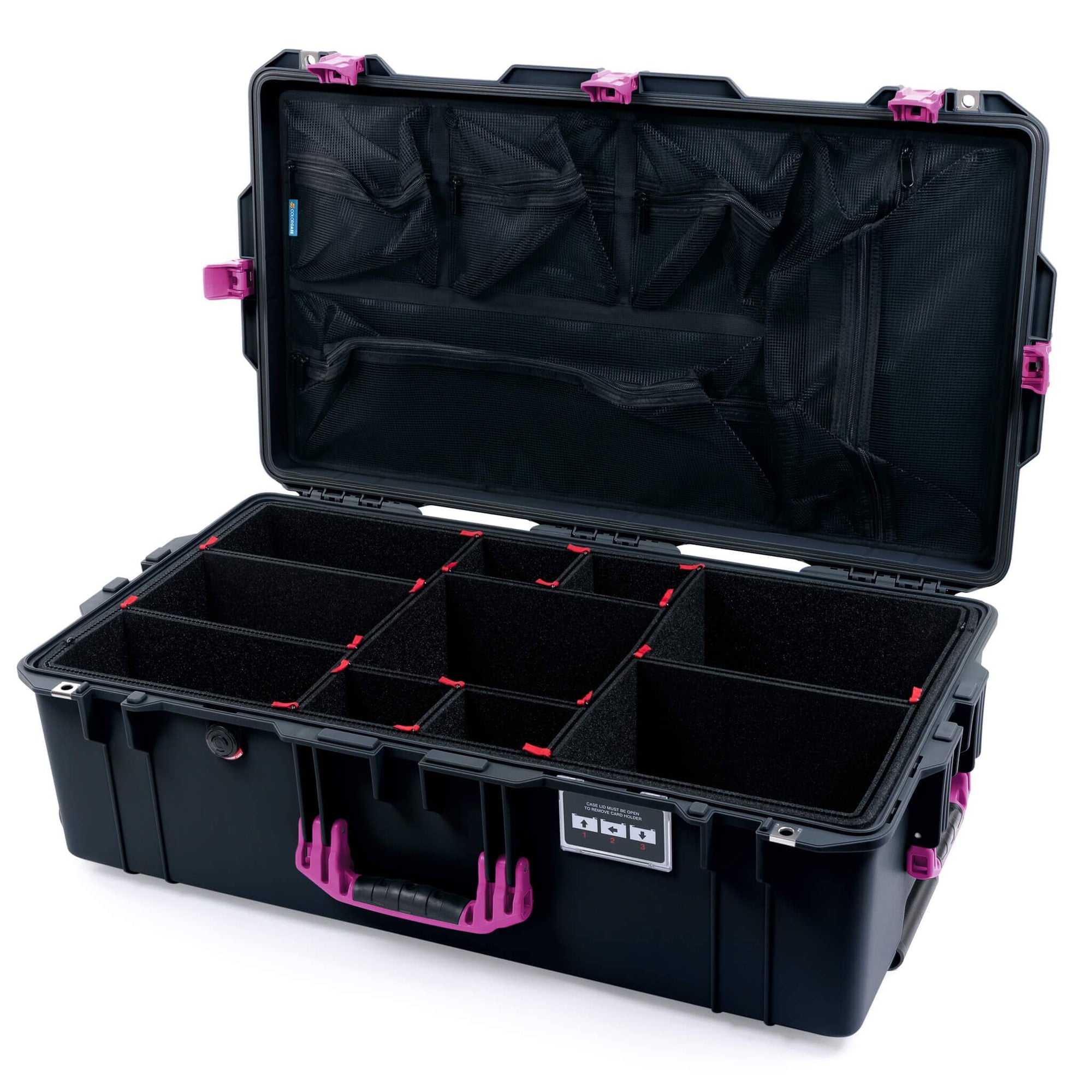 Pelican 1615 Air Case, Black with Magenta Handles, Latches & Trolley TrekPak Divider System with Mesh Lid Organizer ColorCase 016150-0120-110-401-400