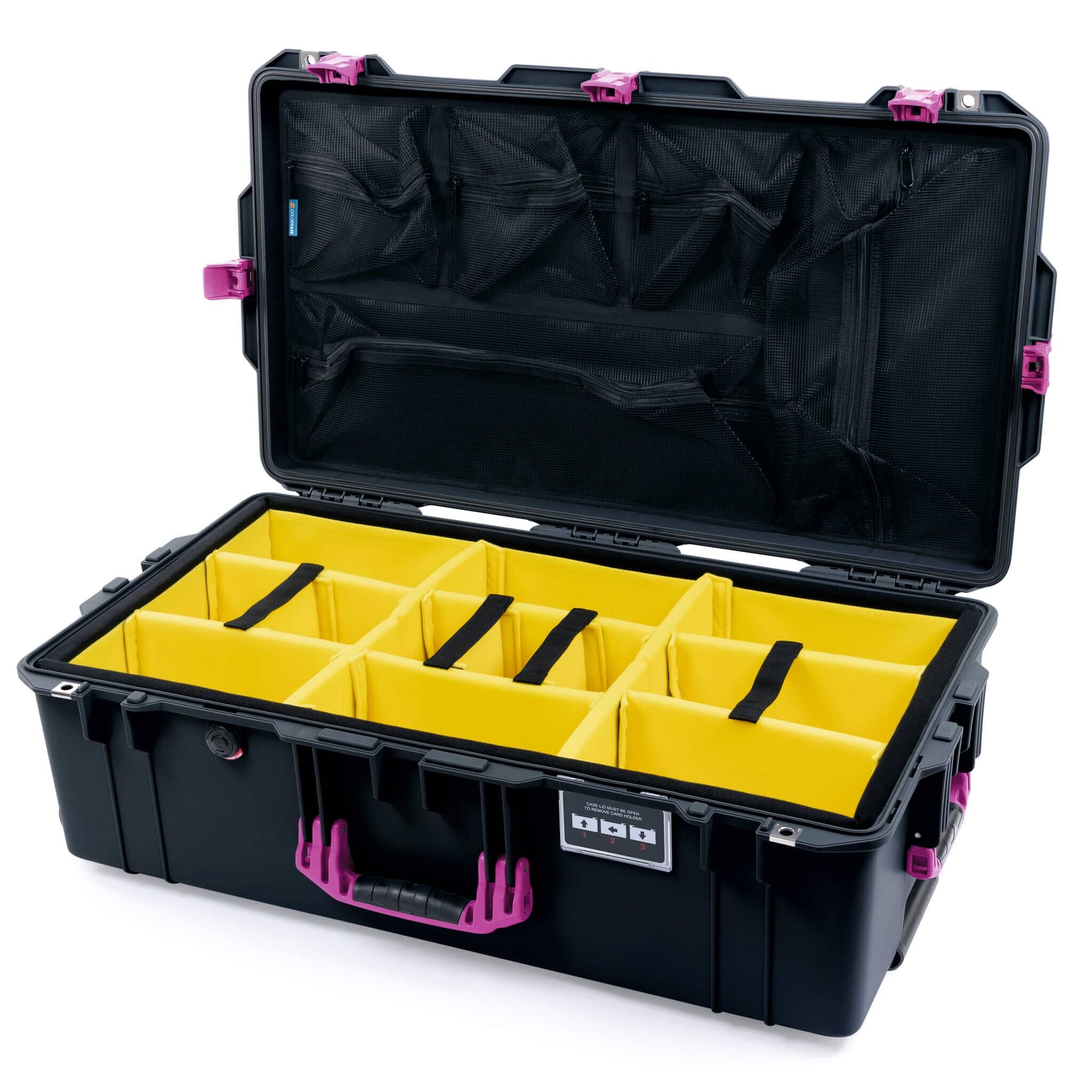Pelican 1615 Air Case, Black with Magenta Handles & Latches Yellow Padded Microfiber Dividers with Mesh Lid Organizer ColorCase 016150-0110-110-401