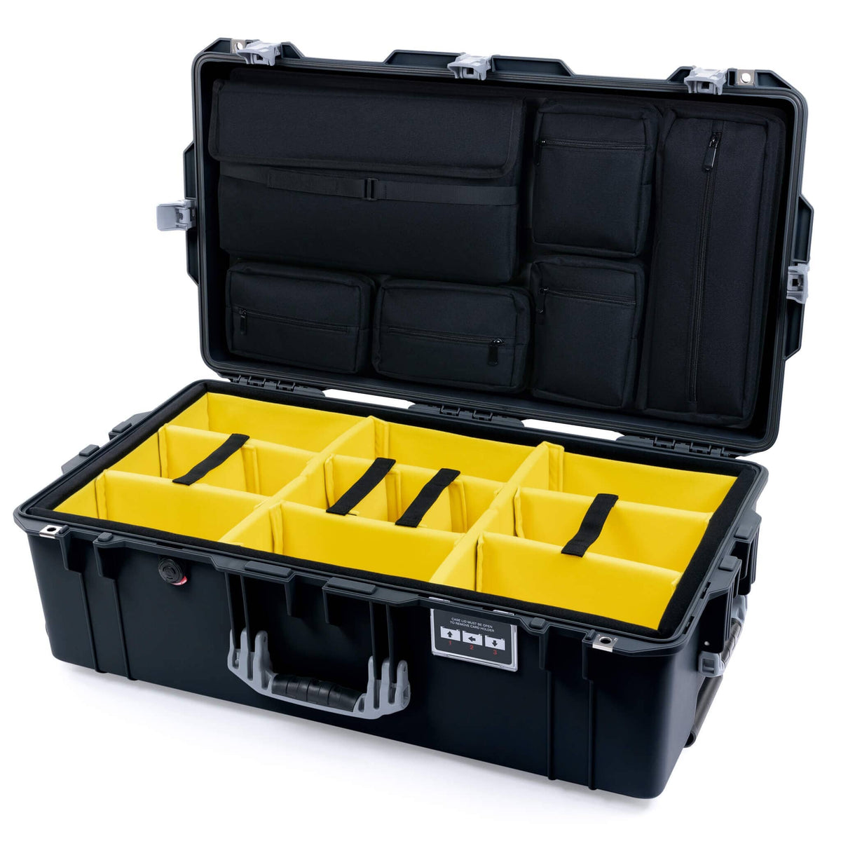 Pelican 1615 Air Case - Black &amp; Silver Yellow Padded Microfiber Dividers / Laptop Computer Lid Pouch ColorCase 016150-0210-110-181