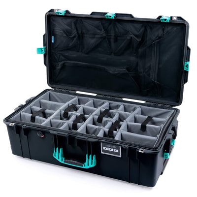 Pelican 1615 Air Case, Black with Teal Handles, Latches & Trolley Gray Padded Microfiber Dividers with Mesh Lid Organizer ColorCase 016150-0170-110-591-590