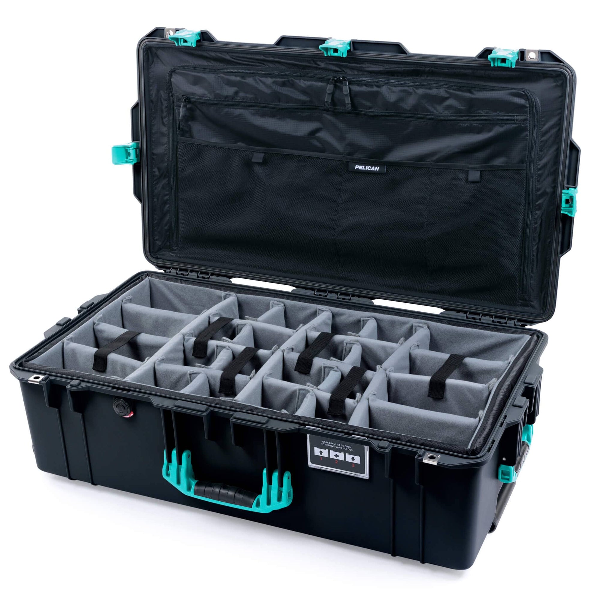 Pelican 1615 Air Case, Black with Teal Handles, Latches & Trolley Gray Padded Microfiber Dividers with Combo-Pouch Lid Organizer ColorCase 016150-0370-110-591-590
