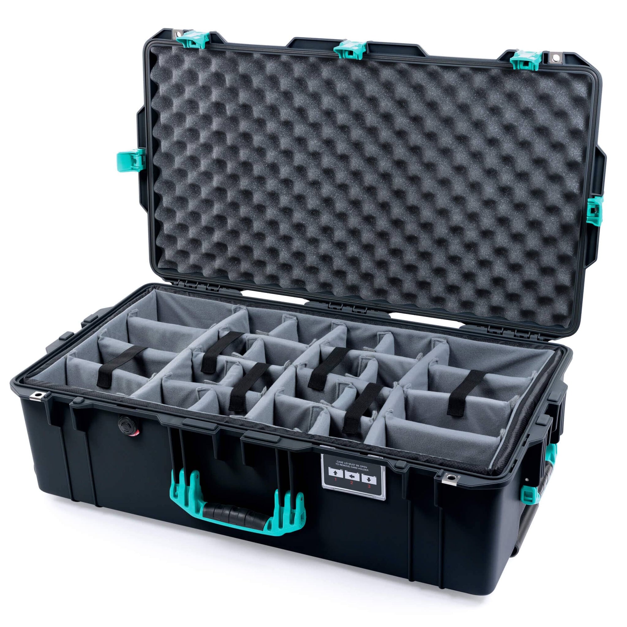 Pelican 1615 Air Case, Black with Teal Handles, Latches & Trolley Gray Padded Microfiber Dividers with Convoluted Lid Foam ColorCase 016150-0070-110-591-590