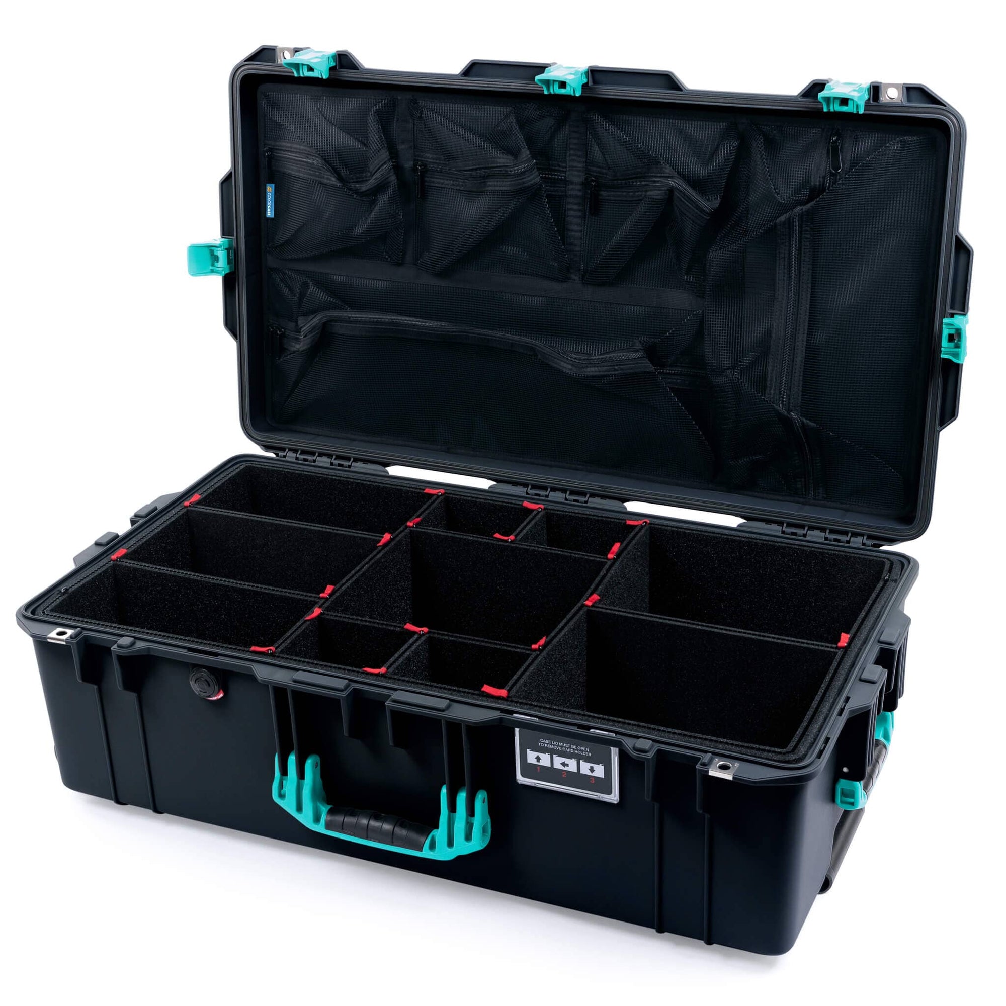 Pelican 1615 Air Case, Black with Teal Handles, Latches & Trolley TrekPak Divider System with Mesh Lid Organizer ColorCase 016150-0120-110-591-590