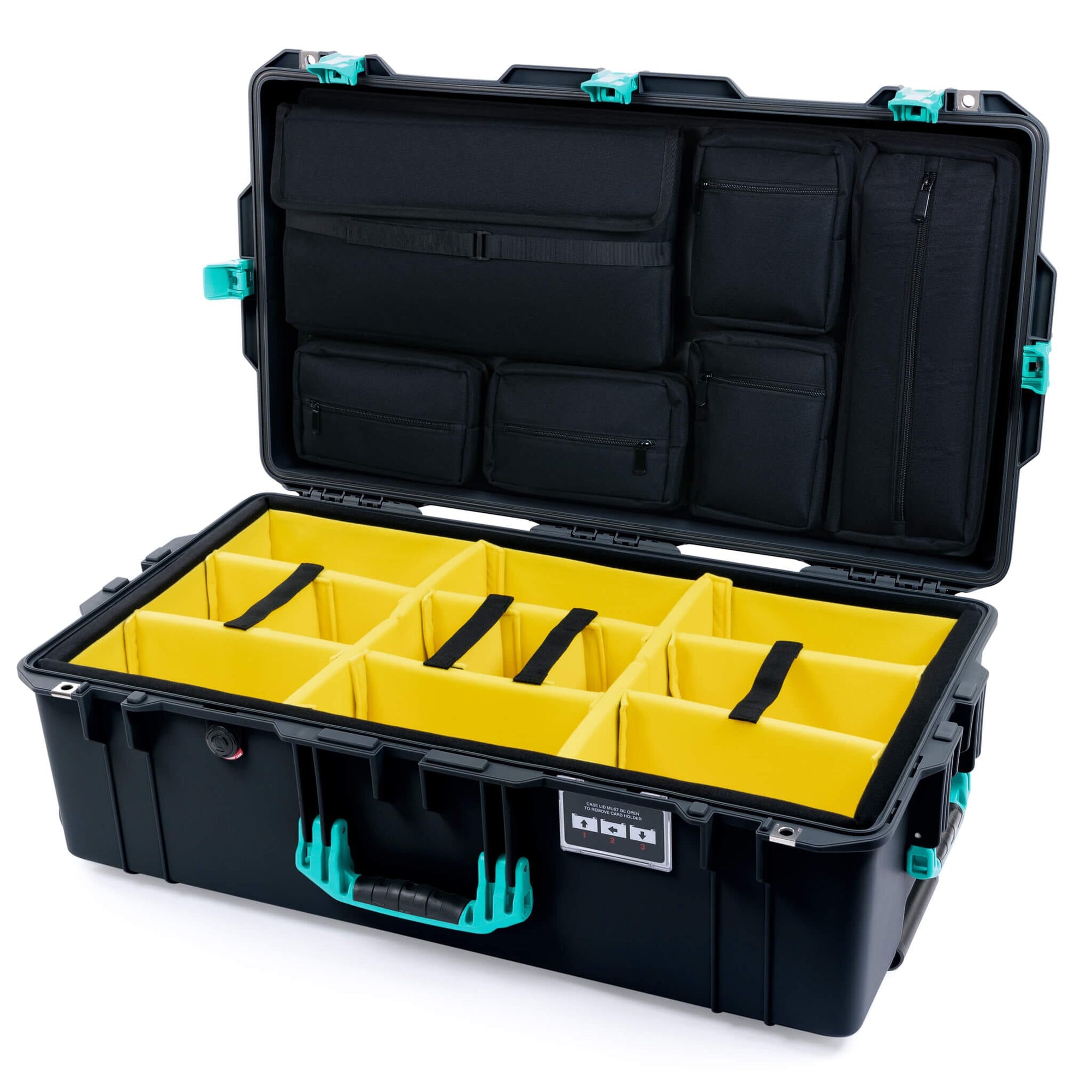 Pelican 1615 Air Case, Black with Teal Handles, Latches & Trolley Yellow Padded Microfiber Dividers with Laptop Computer Lid Pouch ColorCase 016150-0210-110-591-590