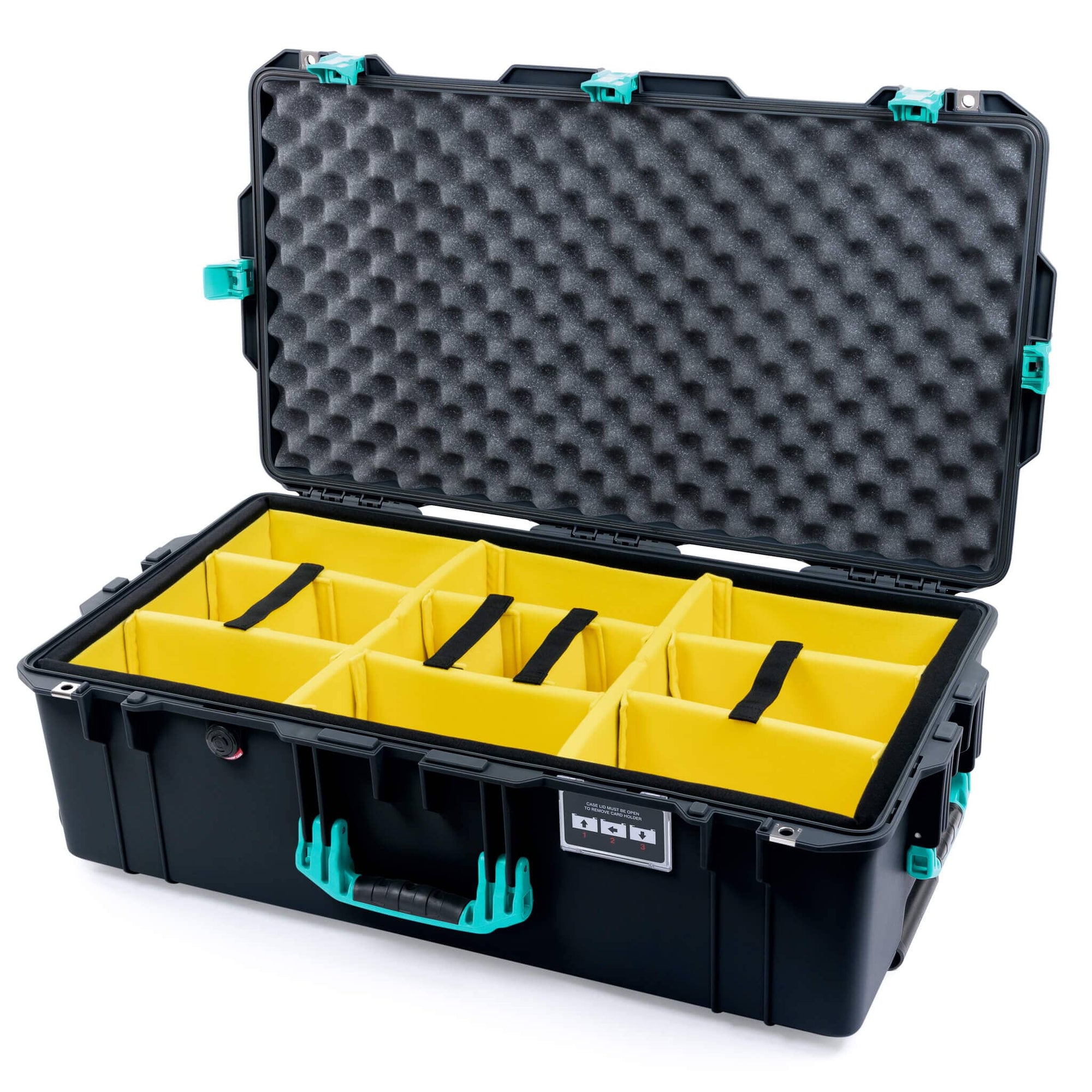 Pelican 1615 Air Case, Black with Teal Handles, Latches & Trolley Yellow Padded Microfiber Dividers with Convoluted Lid Foam ColorCase 016150-0010-110-591-590