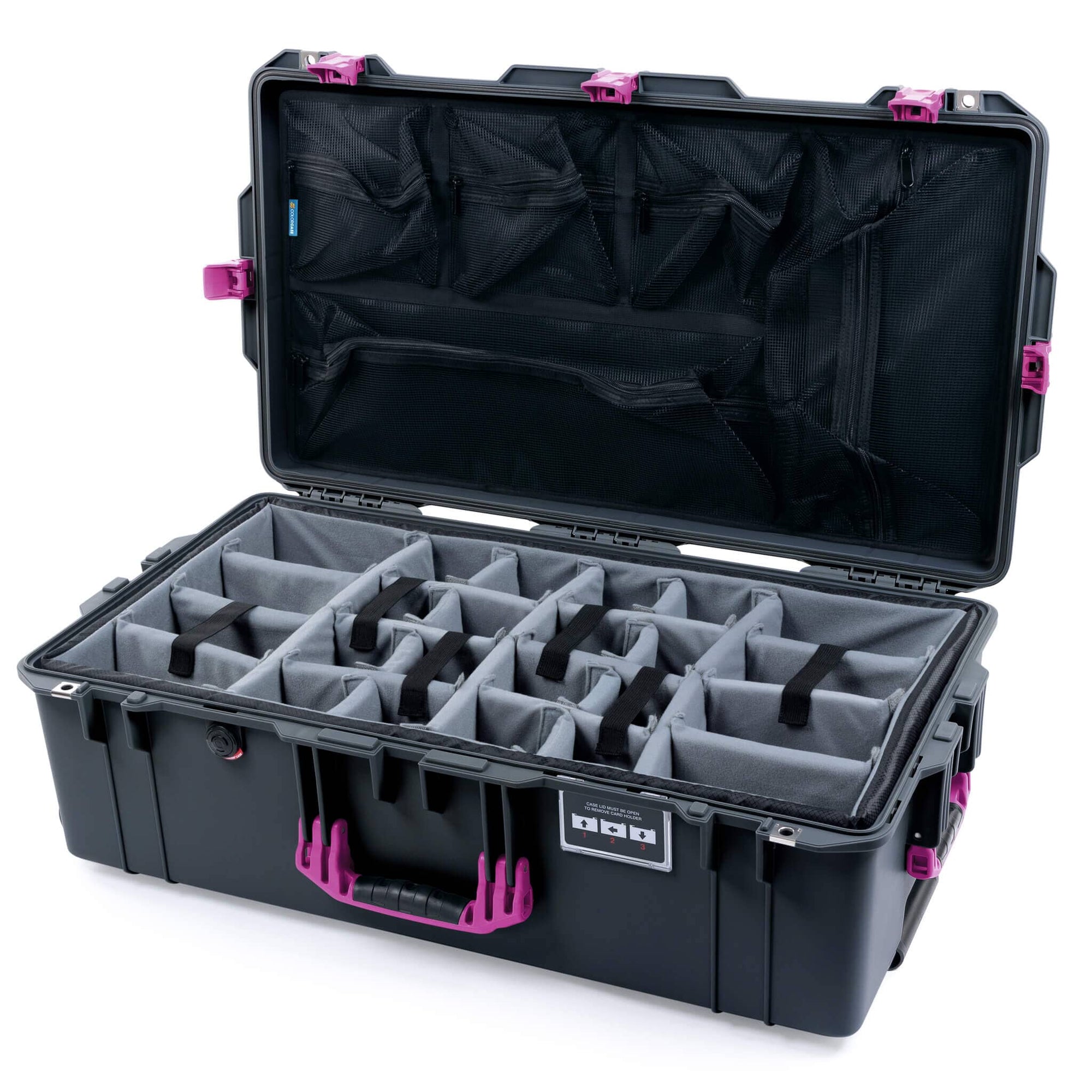 Pelican 1615 Air Case, Charcoal with Magenta Handles & Latches Gray Padded Microfiber Dividers with Mesh Lid Organizer ColorCase 016150-0170-520-401