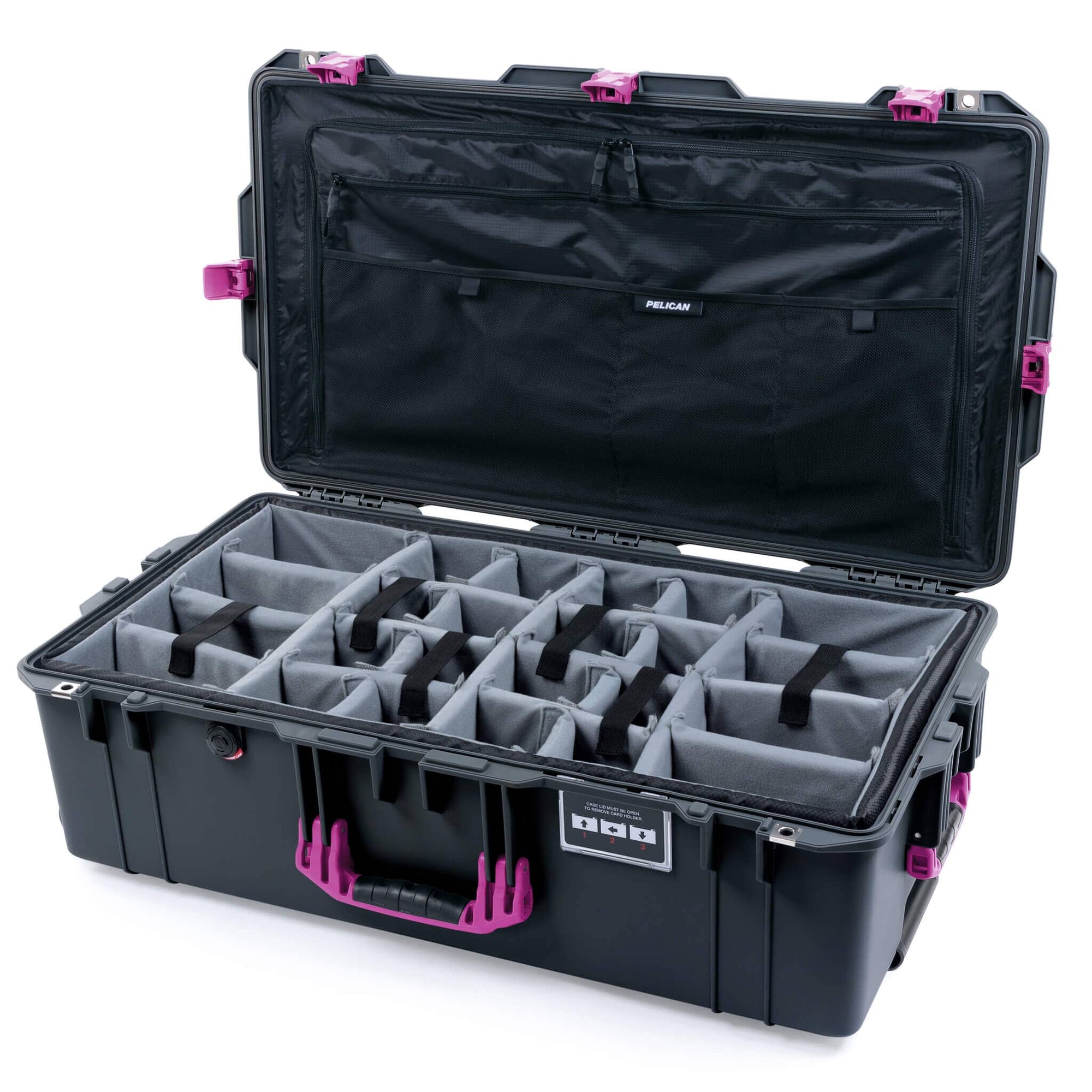 Pelican 1615 Air Case, Charcoal with Magenta Handles & Latches Gray Padded Microfiber Dividers with Combo-Pouch Lid Organizer ColorCase 016150-0370-520-401