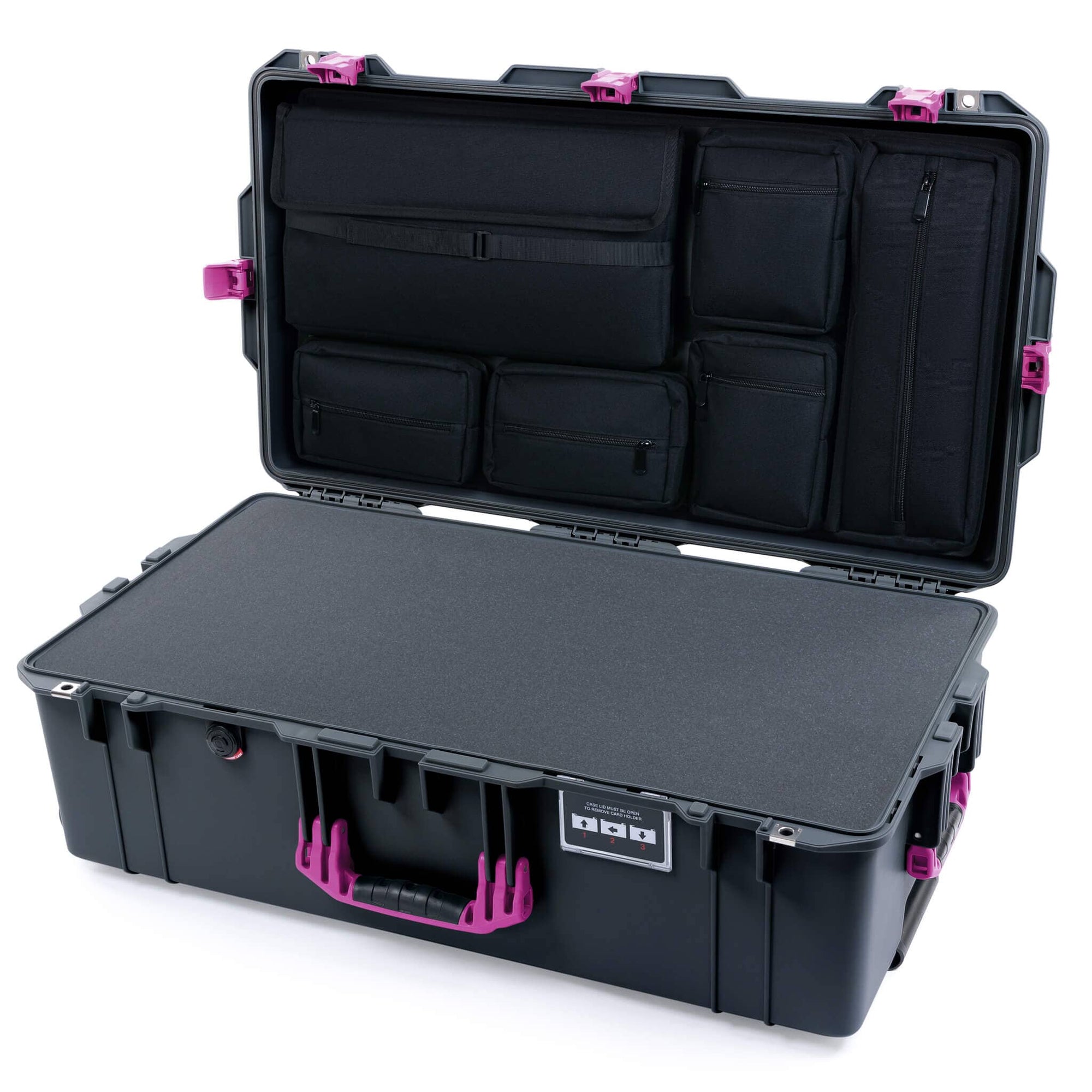 Pelican 1615 Air Case, Charcoal with Magenta Handles, Latches & Trolley Pick & Pluck Foam with Laptop Computer Lid Pouch ColorCase 016150-0201-520-401-400