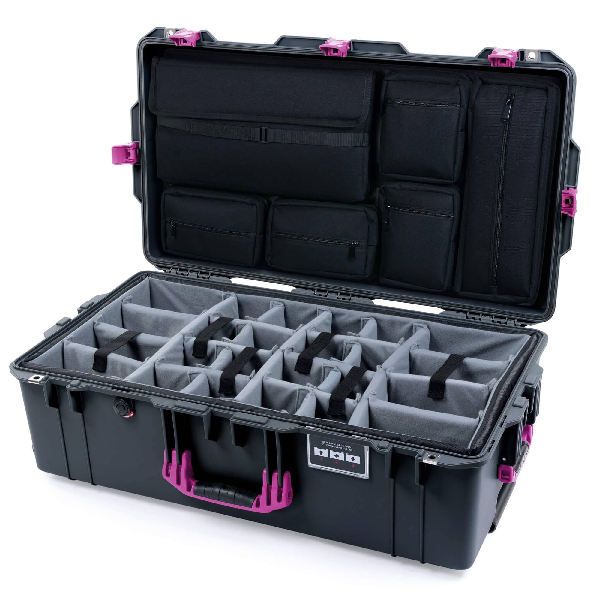 Pelican 1615 Air Case, Charcoal with Magenta Handles, Latches & Trolley Gray Padded Microfiber Dividers with Laptop Computer Lid Pouch ColorCase 016150-0270-520-401-400