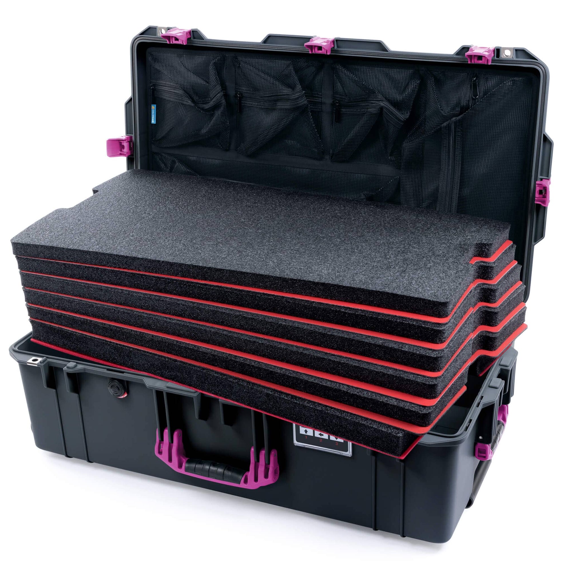 Pelican 1615 Air Case, Charcoal with Magenta Handles, Latches & Trolley Custom Tool Kit (6 Foam Inserts with Mesh Lid Organizer) ColorCase 016150-0160-520-401-400