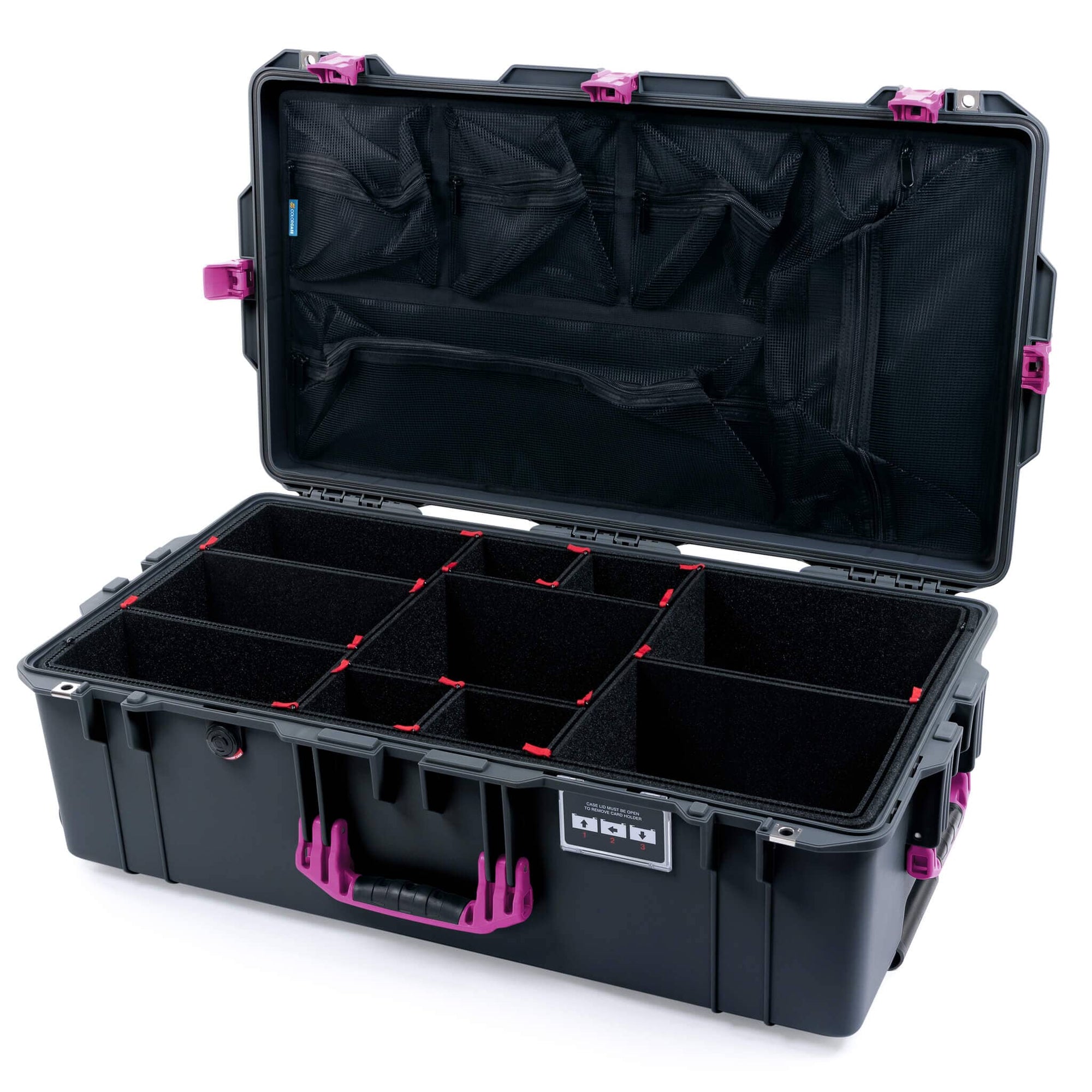 Pelican 1615 Air Case, Charcoal with Magenta Handles, Latches & Trolley TrekPak Divider System with Mesh Lid Organizer ColorCase 016150-0120-520-401-400