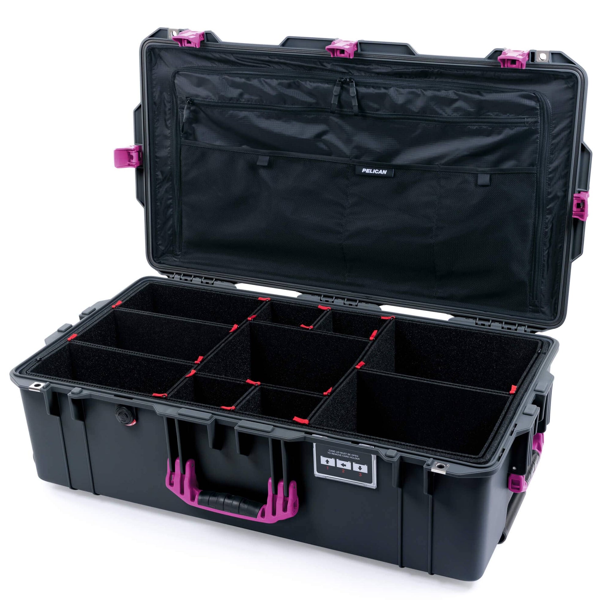Pelican 1615 Air Case, Charcoal with Magenta Handles, Latches & Trolley TrekPak Divider System with Combo-Pouch Lid Organizer ColorCase 016150-0320-520-401-400