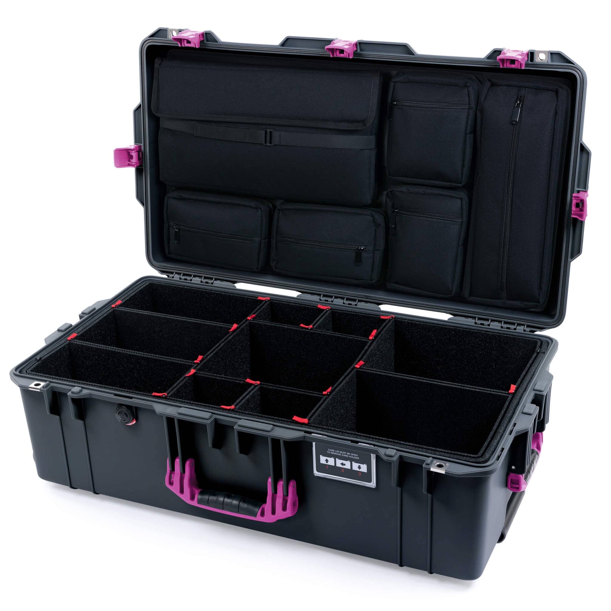 Pelican 1615 Air Case, Charcoal with Magenta Handles, Latches & Trolley TrekPak Divider System with Laptop Computer Lid Pouch ColorCase 016150-0220-520-401-400