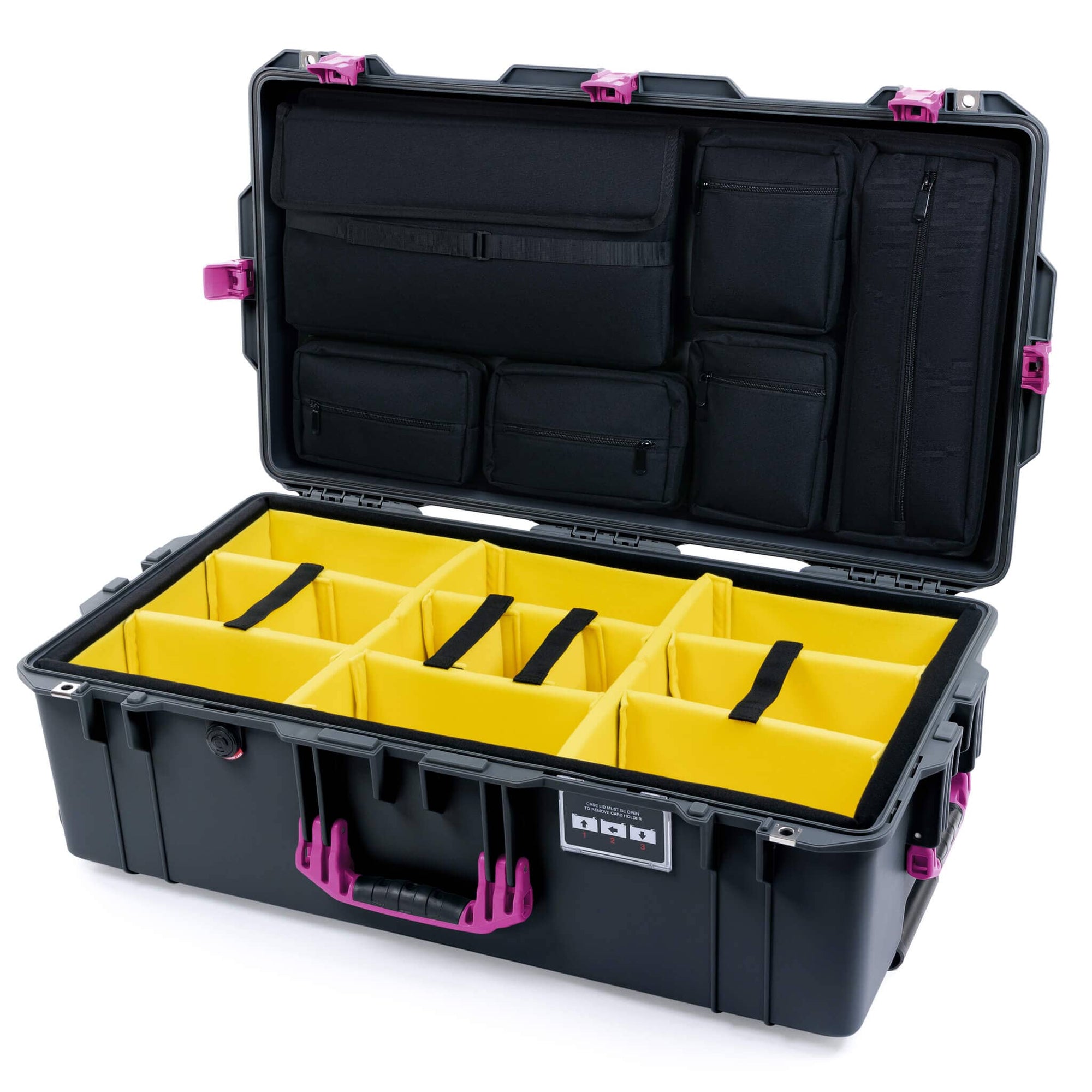 Pelican 1615 Air Case, Charcoal with Magenta Handles & Latches Yellow Padded Microfiber Dividers with Laptop Computer Lid Pouch ColorCase 016150-0210-520-401