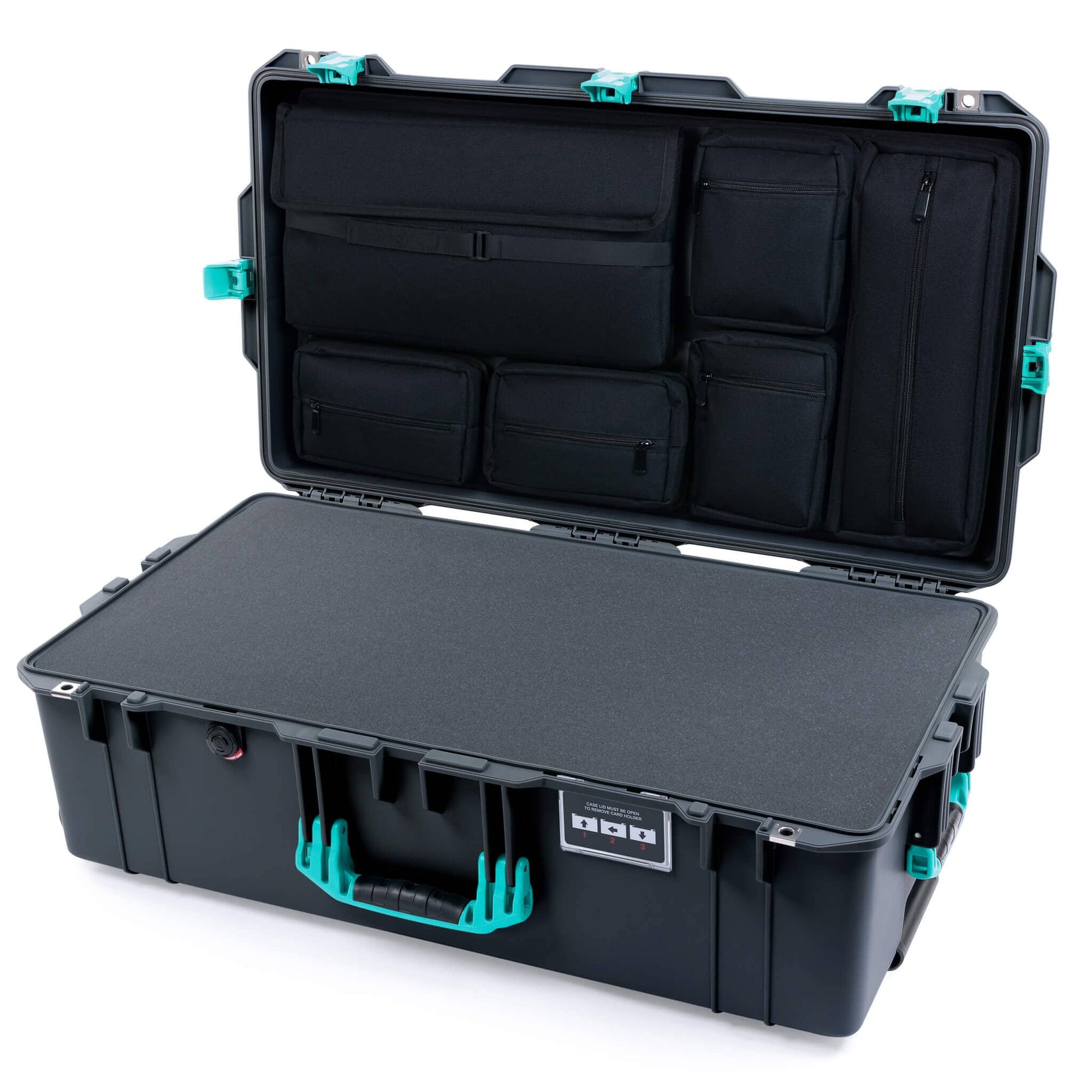 Pelican 1615 Air Case, Charcoal with Teal Handles & Latches Pick & Pluck Foam with Laptop Computer Lid Pouch ColorCase 016150-0201-520-591