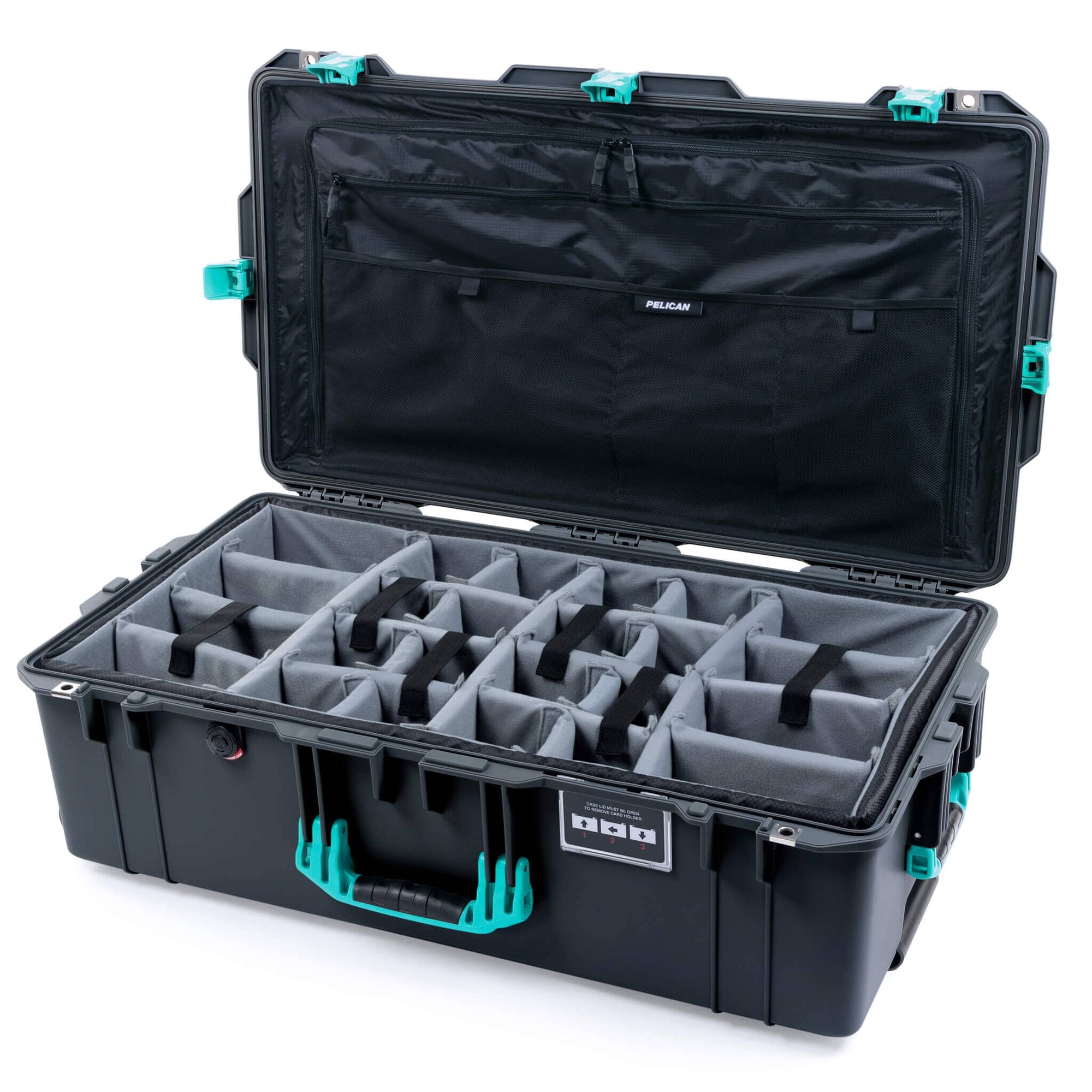 Pelican 1615 Air Case, Charcoal with Teal Handles & Latches Gray Padded Microfiber Dividers with Combo-Pouch Lid Organizer ColorCase 016150-0370-520-591
