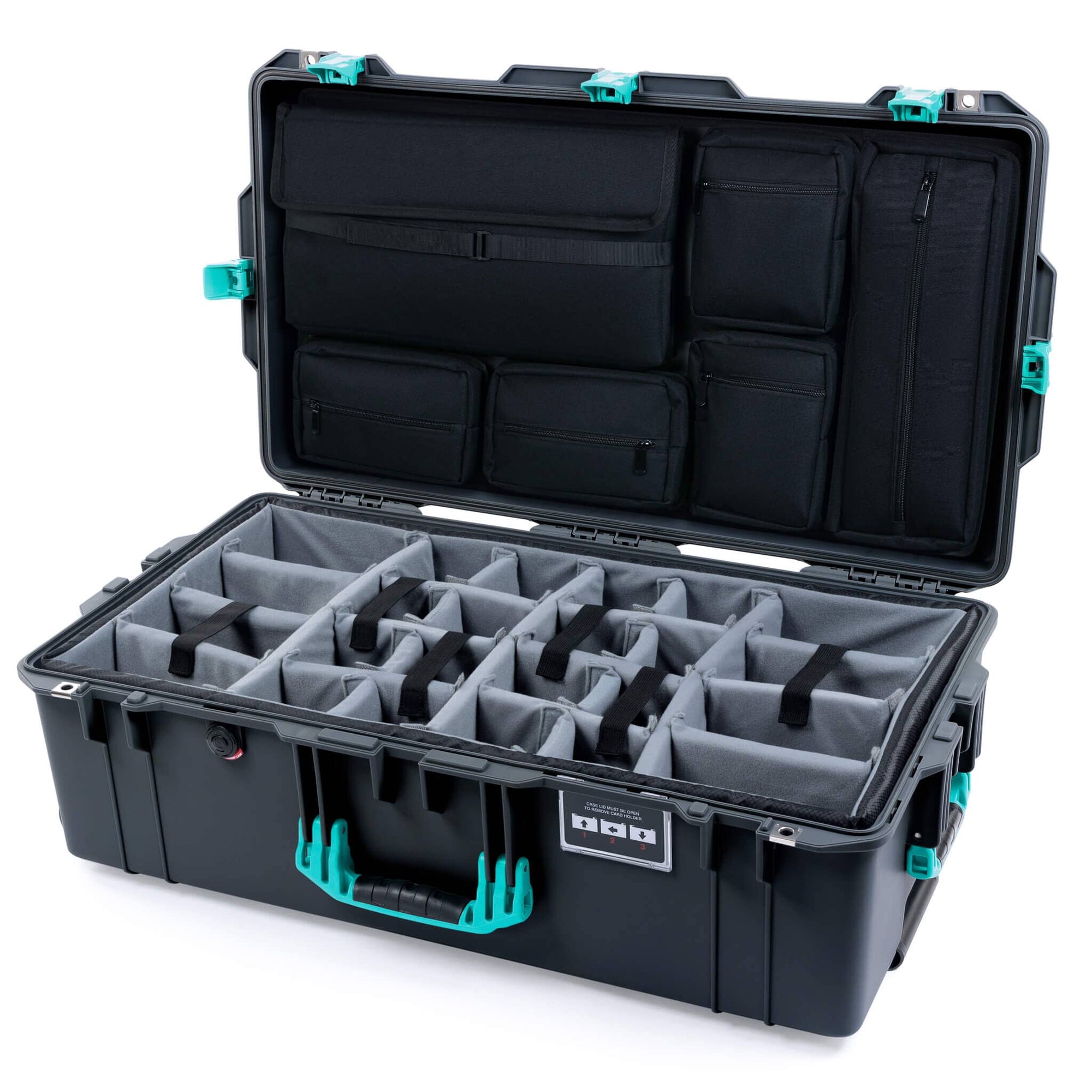 Pelican 1615 Air Case, Charcoal with Teal Handles & Latches Gray Padded Microfiber Dividers with Laptop Computer Lid Pouch ColorCase 016150-0270-520-591