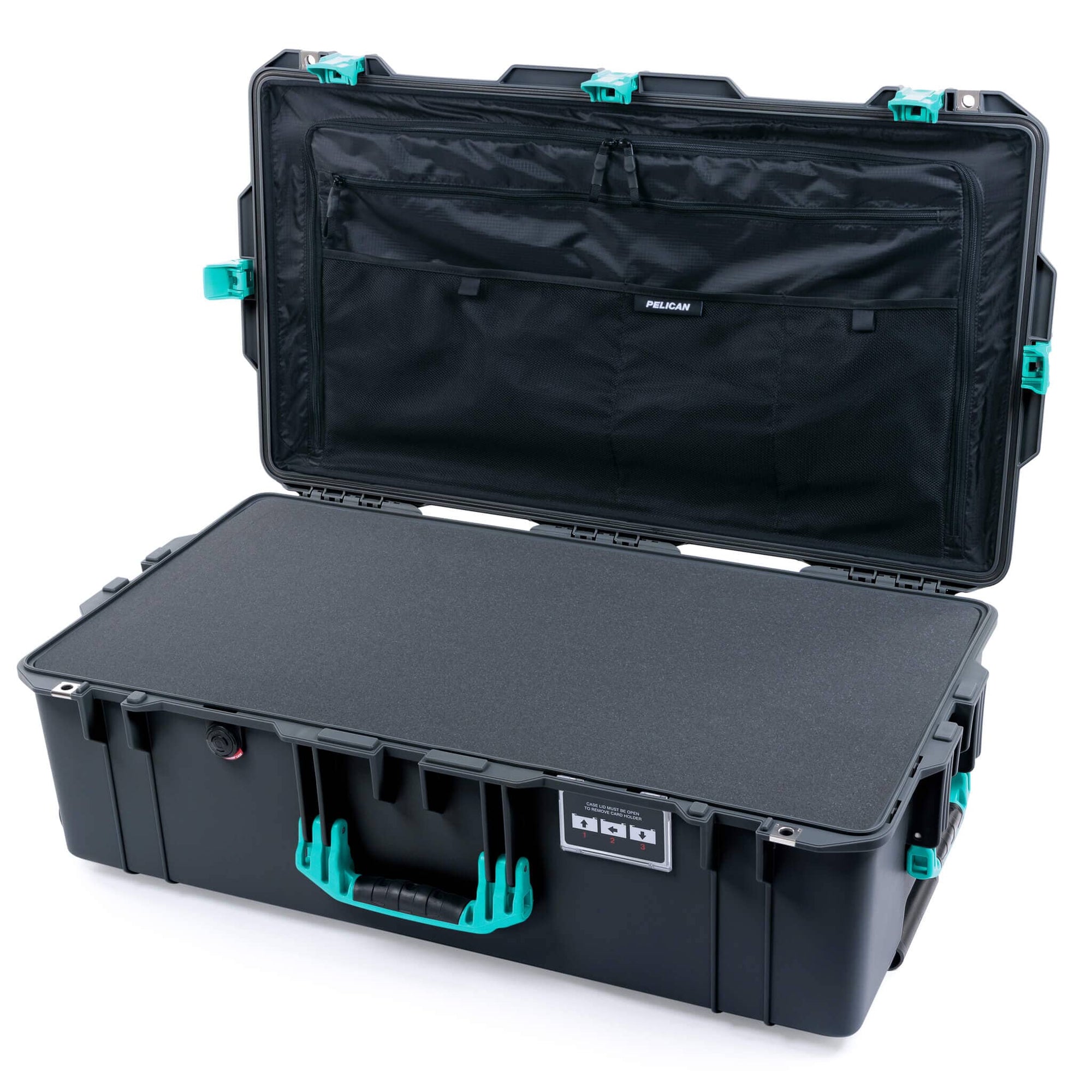 Pelican 1615 Air Case, Charcoal with Teal Handles, Latches & Trolley Pick & Pluck Foam with Combo-Pouch Lid Organizer ColorCase 016150-0301-520-591-590