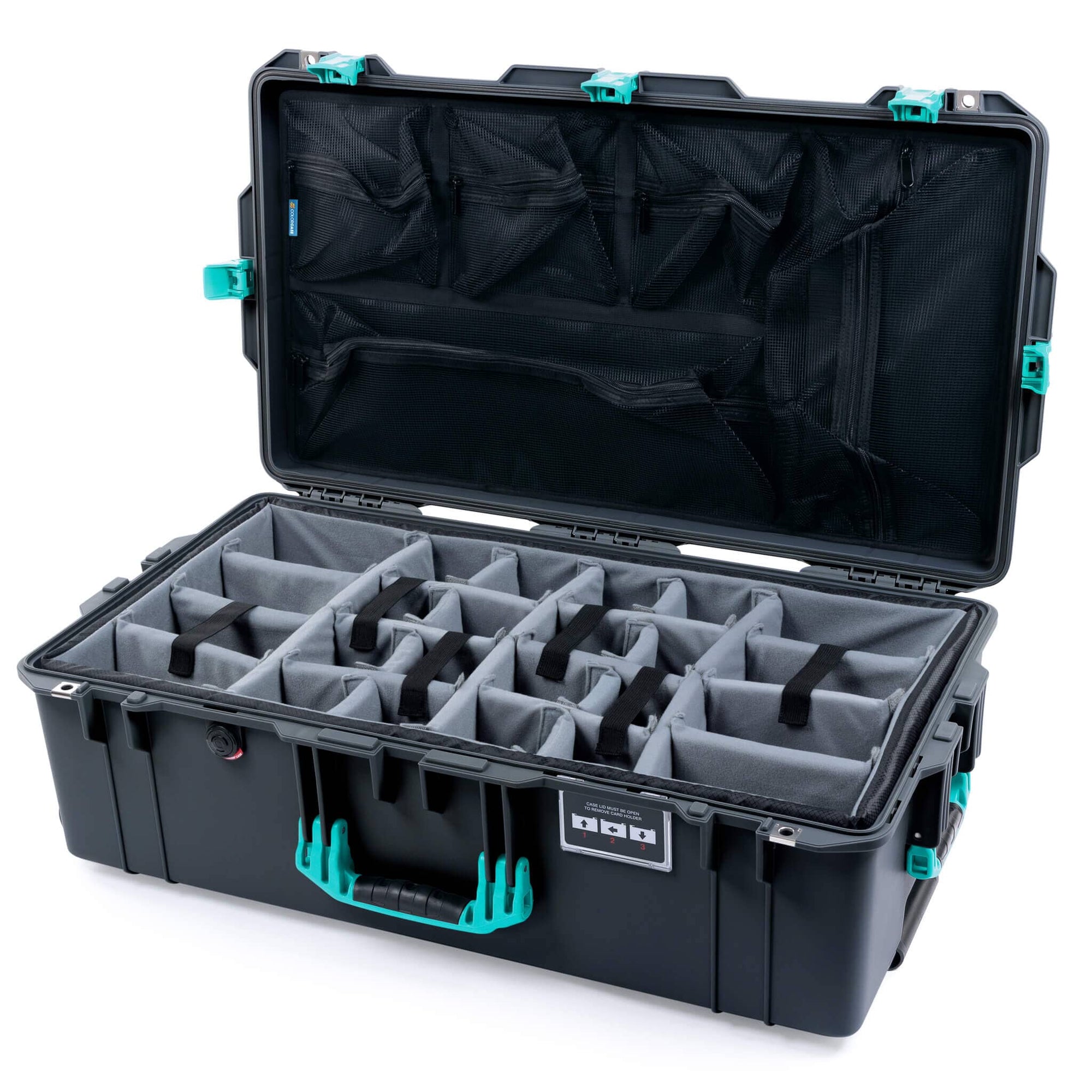 Pelican 1615 Air Case, Charcoal with Teal Handles, Latches & Trolley Gray Padded Microfiber Dividers with Mesh Lid Organizer ColorCase 016150-0170-520-591-590