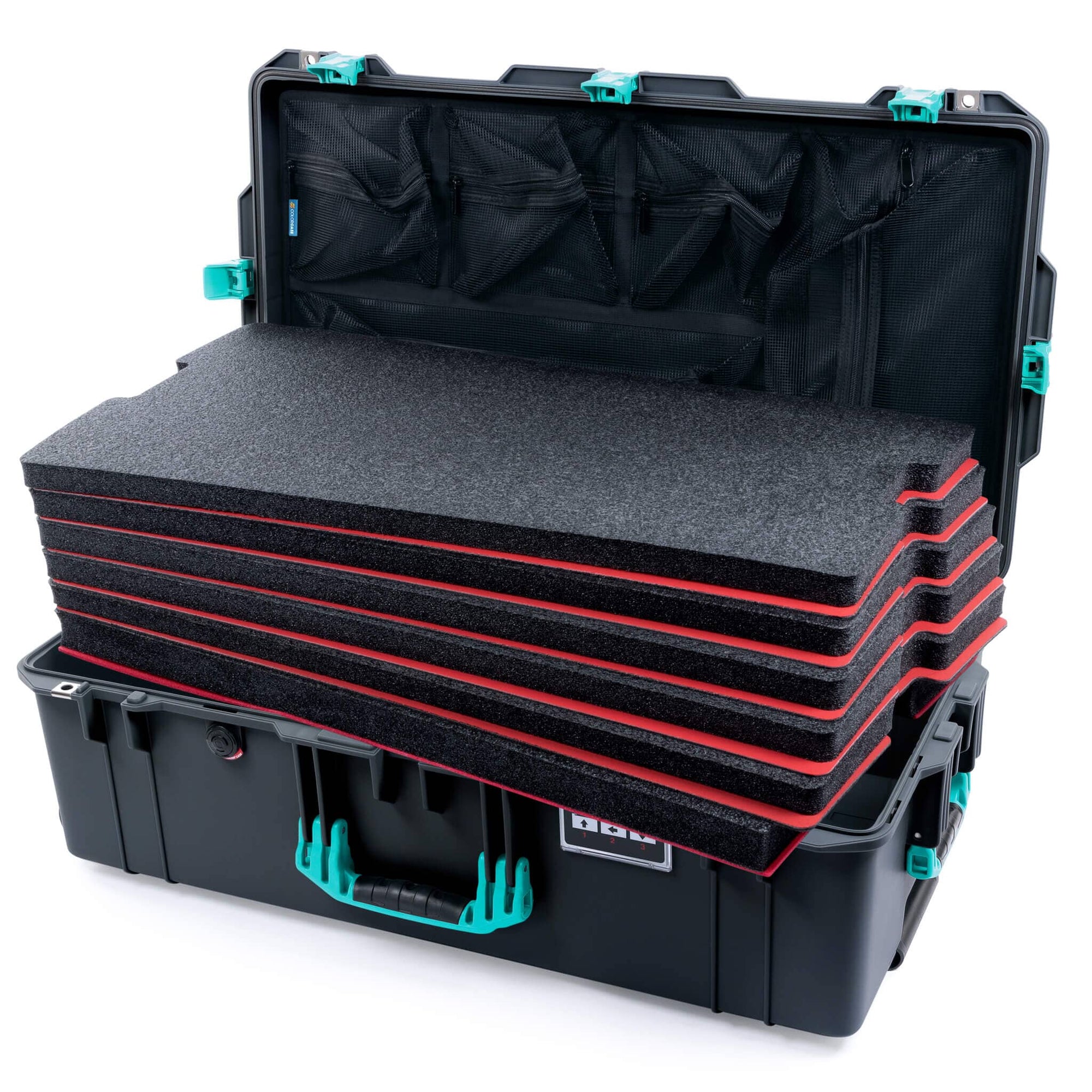 Pelican 1615 Air Case, Charcoal with Teal Handles, Latches & Trolley Custom Tool Kit (6 Foam Inserts with Mesh Lid Organizer) ColorCase 016150-0160-520-591-590