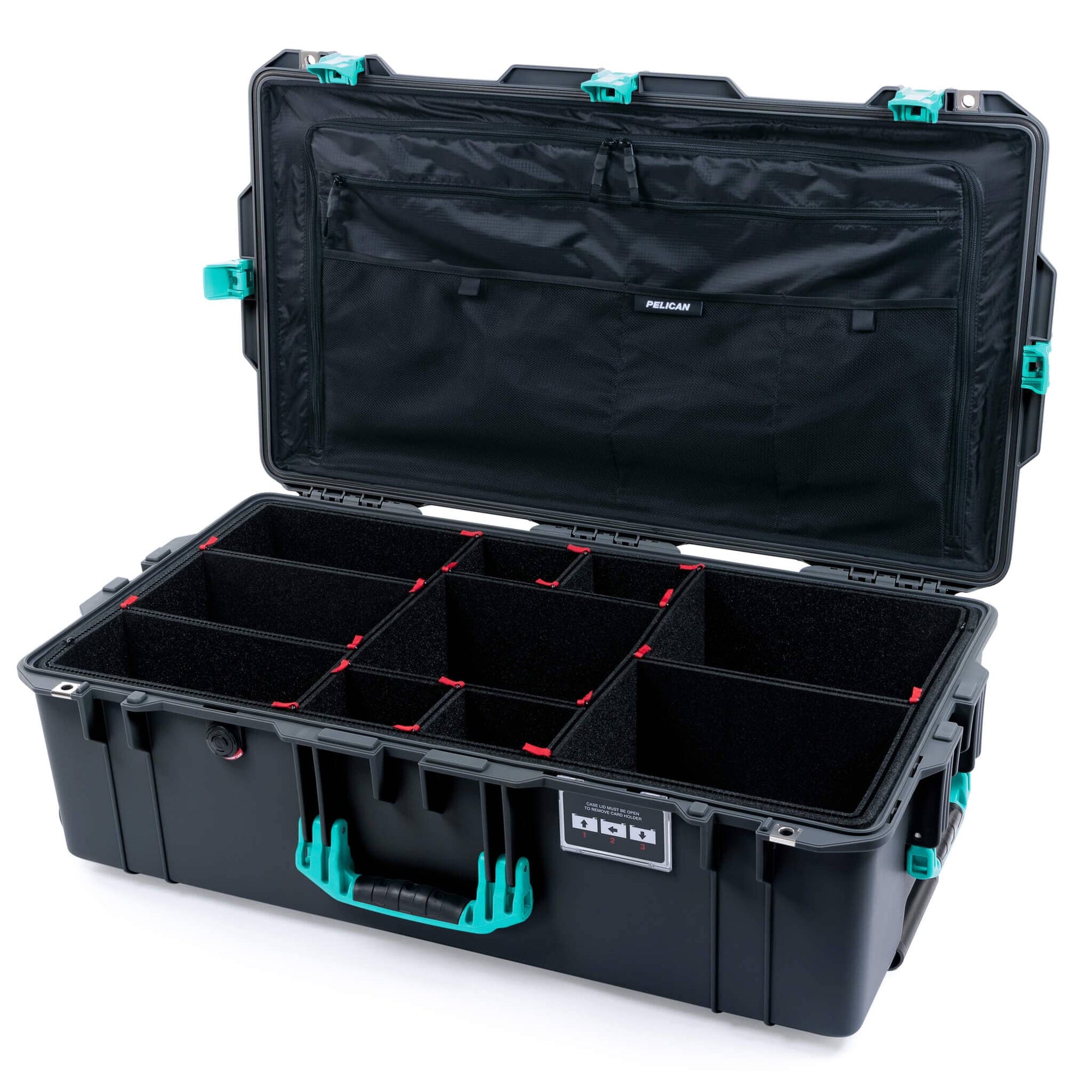 Pelican 1615 Air Case, Charcoal with Teal Handles, Latches & Trolley TrekPak Divider System with Combo-Pouch Lid Organizer ColorCase 016150-0320-520-591-590