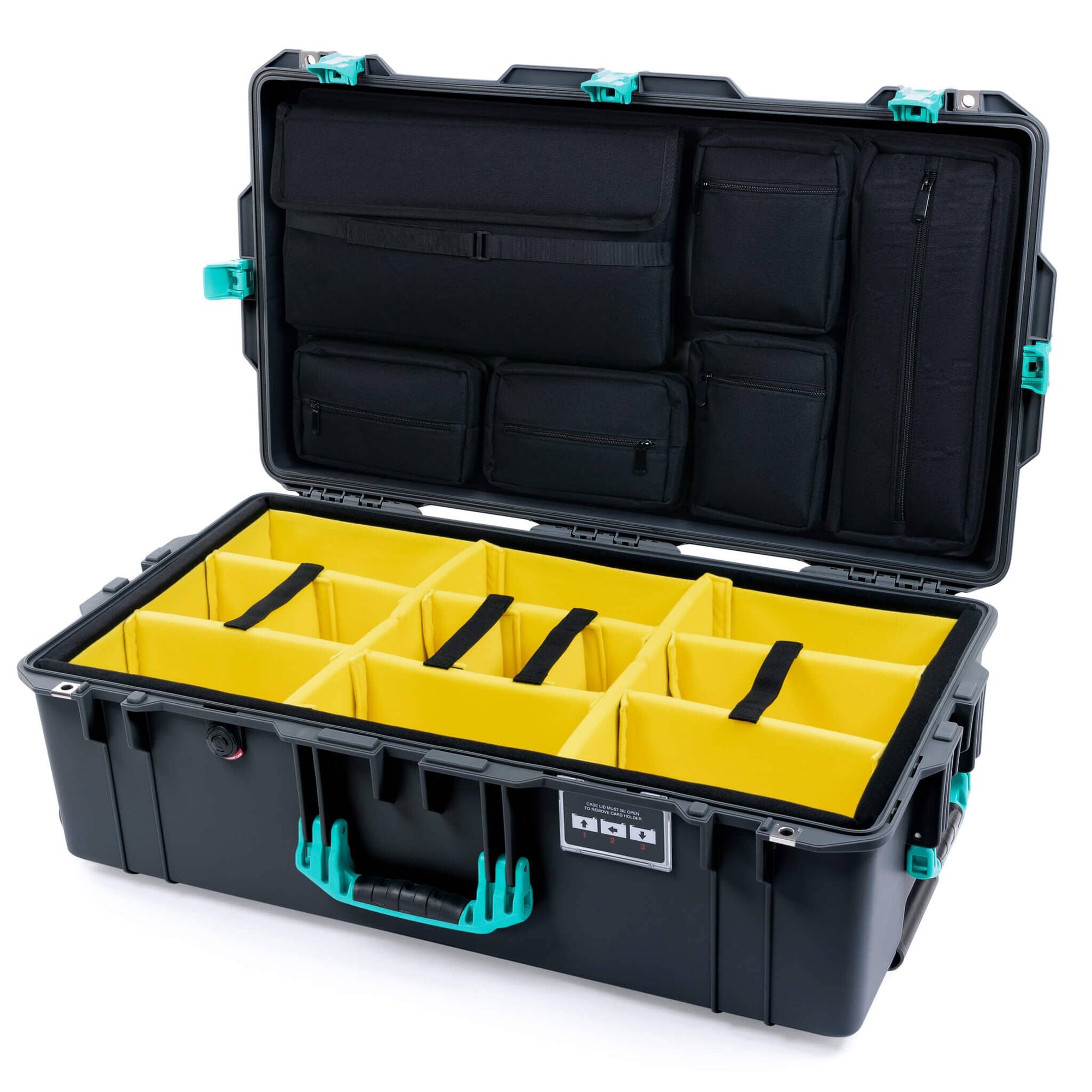 Pelican 1615 Air Case, Charcoal with Teal Handles & Latches Yellow Padded Microfiber Dividers with Laptop Computer Lid Pouch ColorCase 016150-0210-520-591
