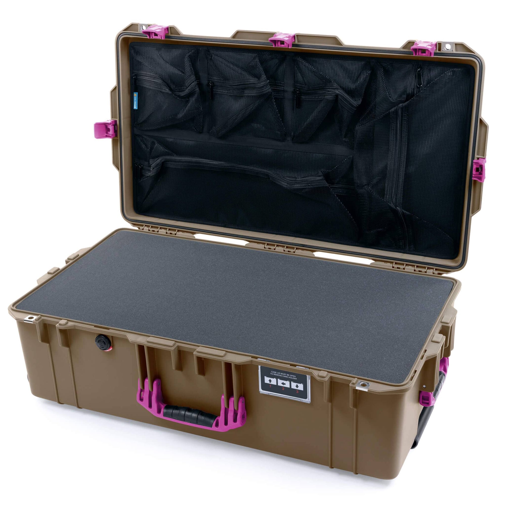 Pelican 1615 Air Case, Dark Desert Dirt with Magenta Handles & Latches Pick & Pluck Foam with Mesh Lid Organizer ColorCase 016150-0101-580-401