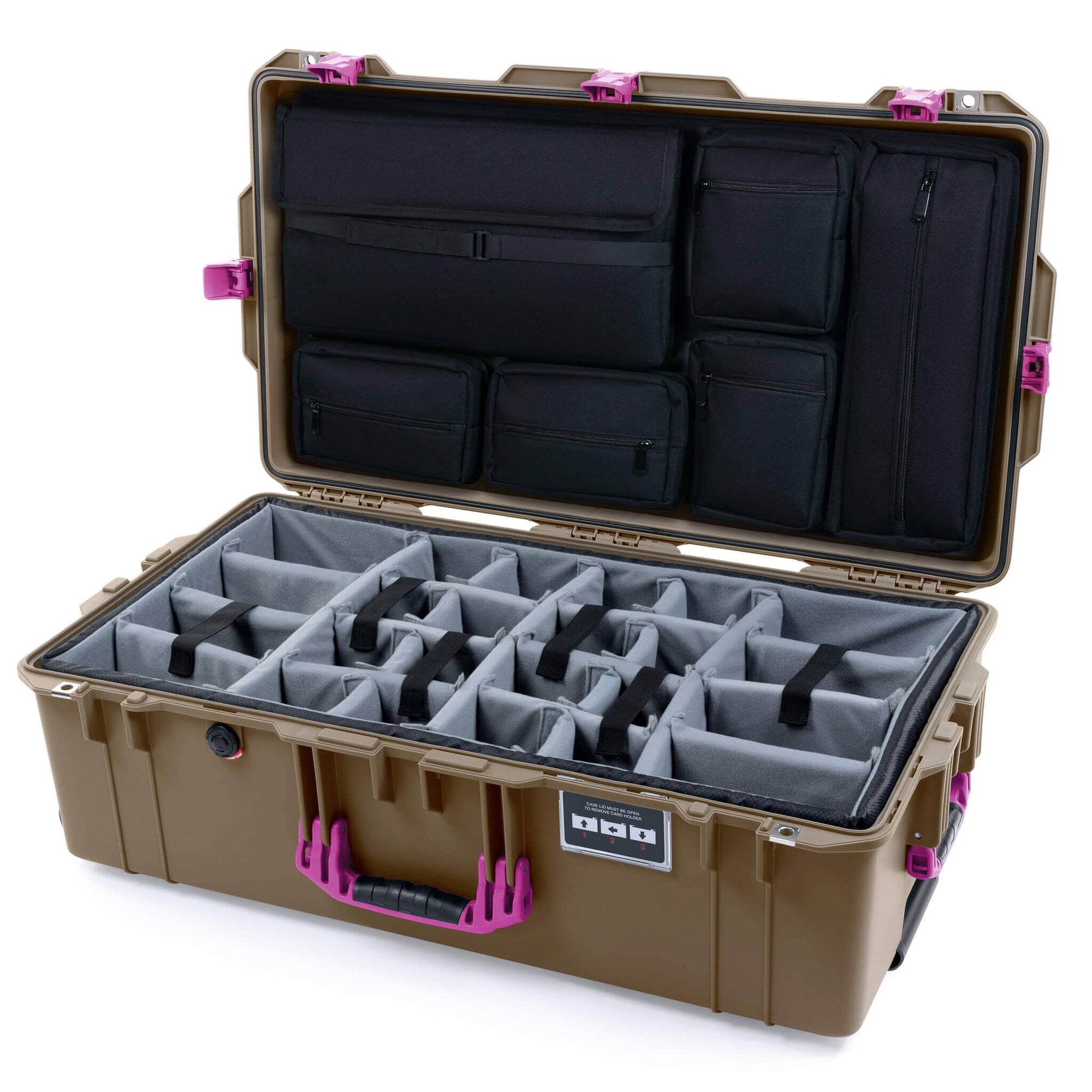 Pelican 1615 Air Case, Dark Desert Dirt with Magenta Handles & Latches Gray Padded Microfiber Dividers with Laptop Computer Lid Pouch ColorCase 016150-0270-580-401