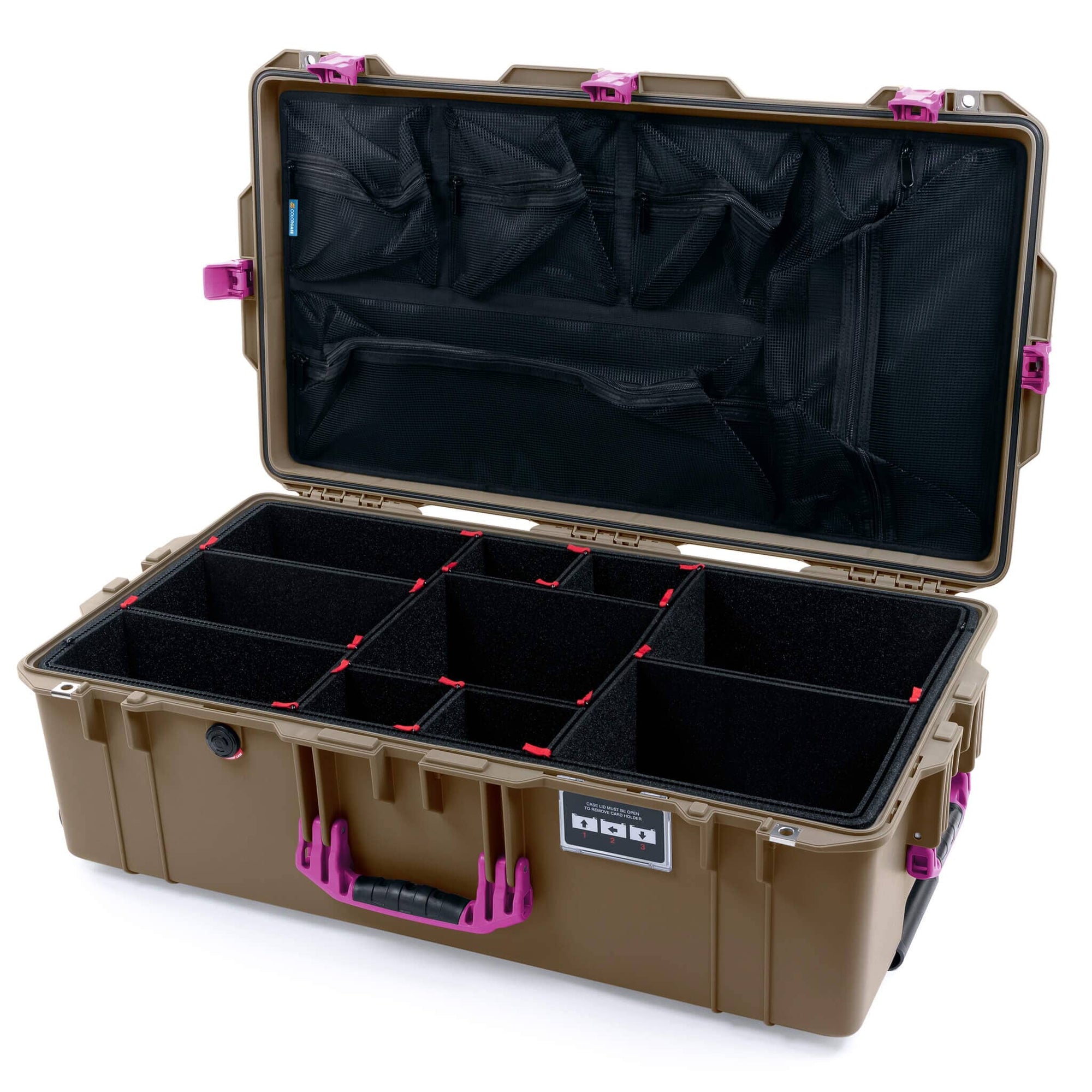 Pelican 1615 Air Case, Dark Desert Dirt with Magenta Handles, Latches & Trolley TrekPak Divider System with Mesh Lid Organizer ColorCase 016150-0120-580-401-400