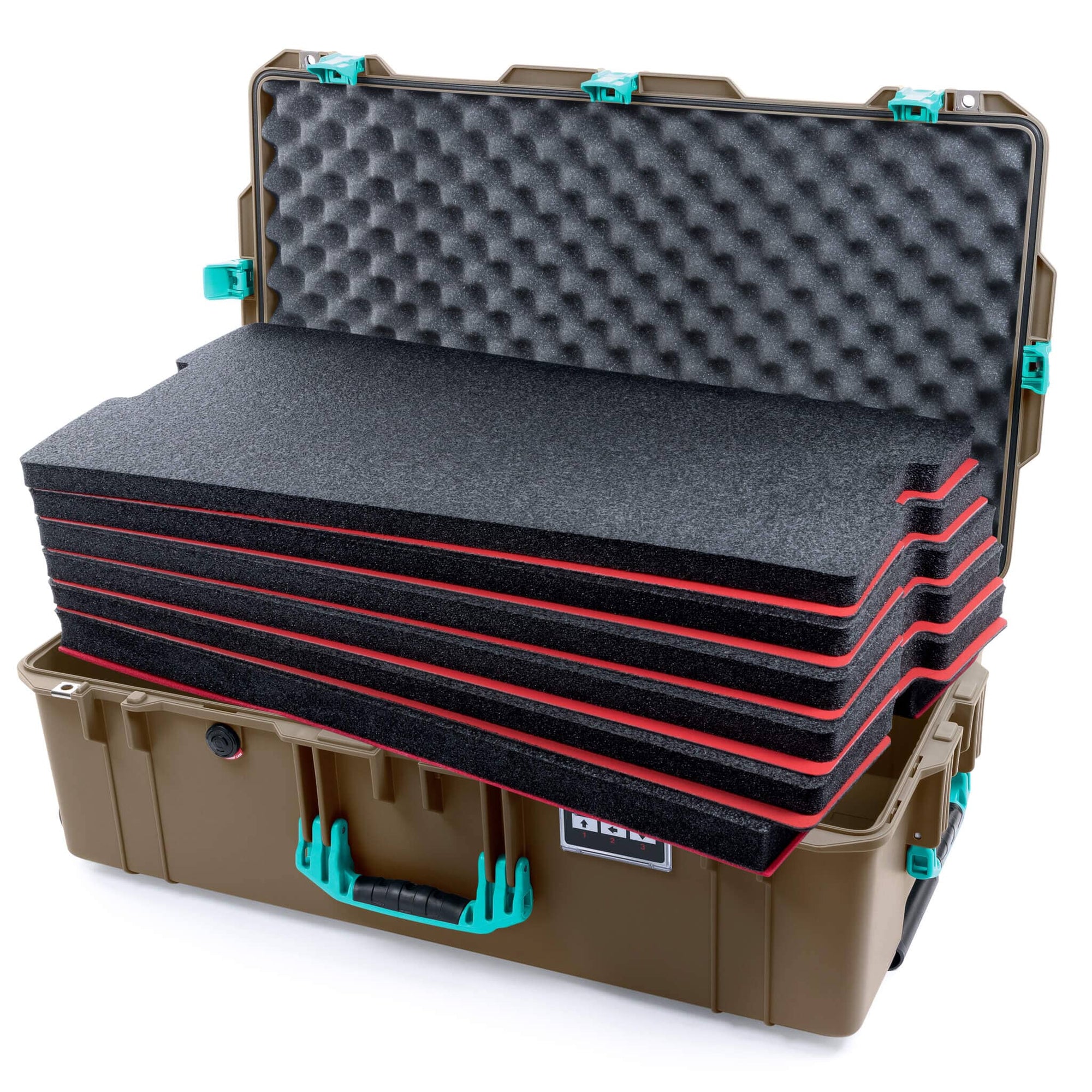 Pelican 1615 Air Case, Dark Desert Dirt with Teal Handles & Latches Custom Tool Kit (6 Foam Inserts with Convoluted Lid Foam) ColorCase 016150-0060-580-591