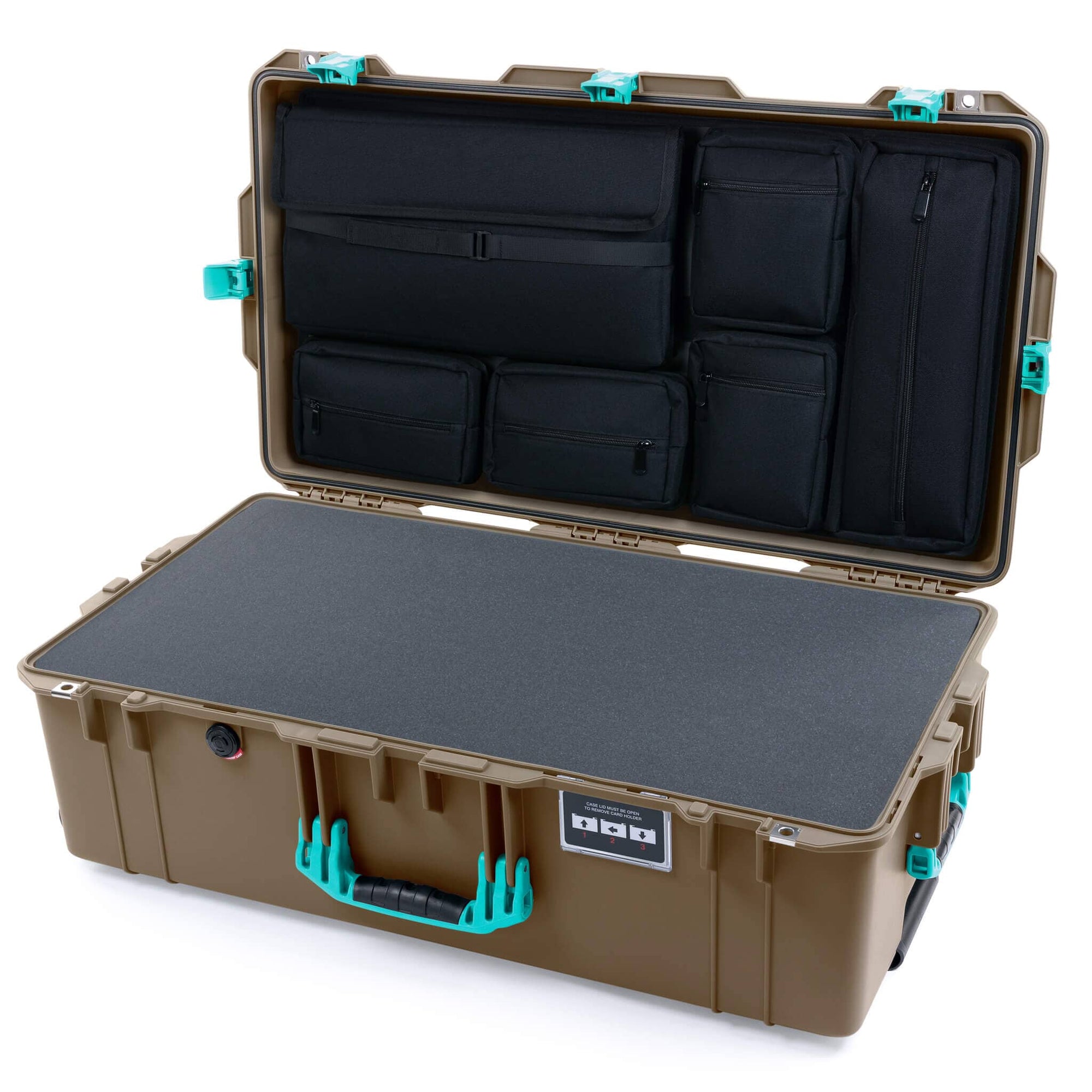 Pelican 1615 Air Case, Dark Desert Dirt with Teal Handles, Latches & Trolley Pick & Pluck Foam with Laptop Computer Lid Pouch ColorCase 016150-0201-580-591-590