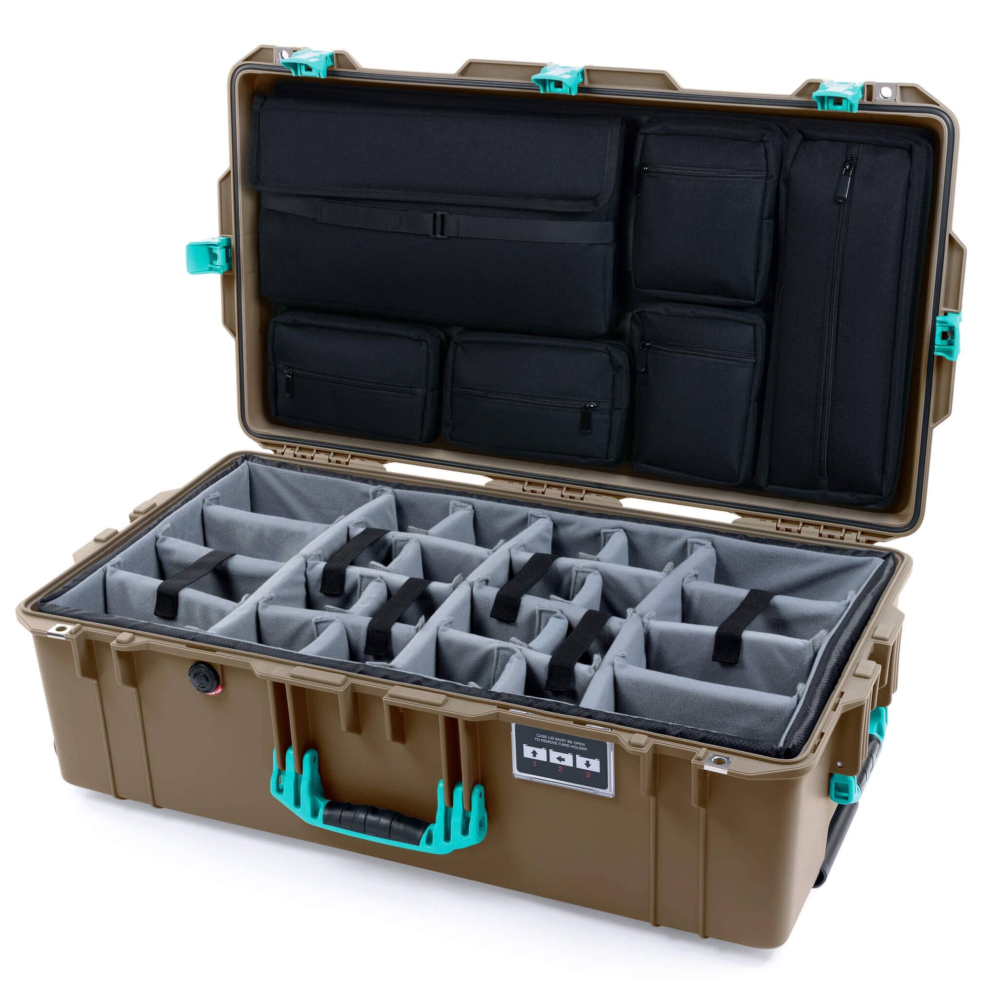 Pelican 1615 Air Case, Dark Desert Dirt with Teal Handles, Latches & Trolley Gray Padded Microfiber Dividers with Laptop Computer Lid Pouch ColorCase 016150-0270-580-591-590