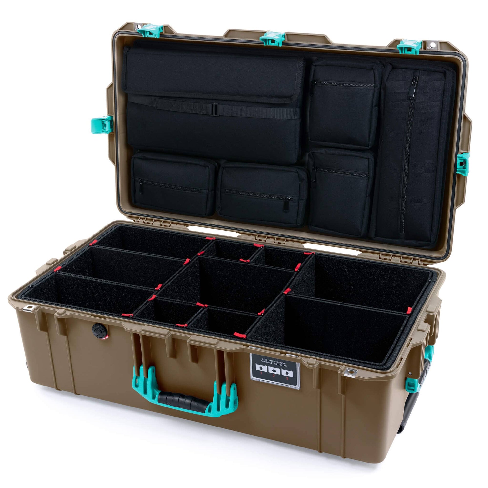Pelican 1615 Air Case, Dark Desert Dirt with Teal Handles, Latches & Trolley TrekPak Divider System with Laptop Computer Lid Pouch ColorCase 016150-0220-580-591-590