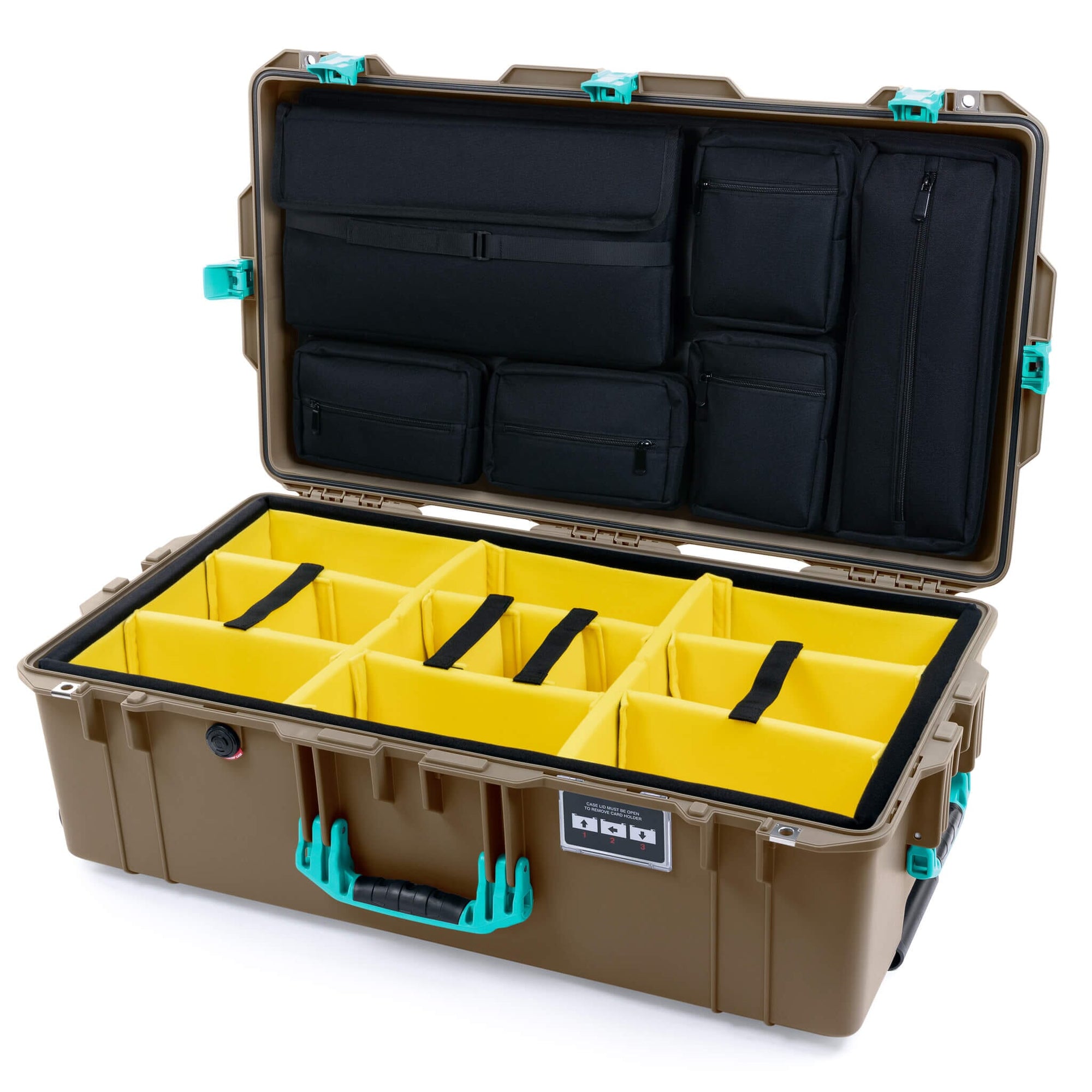Pelican 1615 Air Case, Dark Desert Dirt with Teal Handles, Latches & Trolley Yellow Padded Microfiber Dividers with Laptop Computer Lid Pouch ColorCase 016150-0210-580-591-590