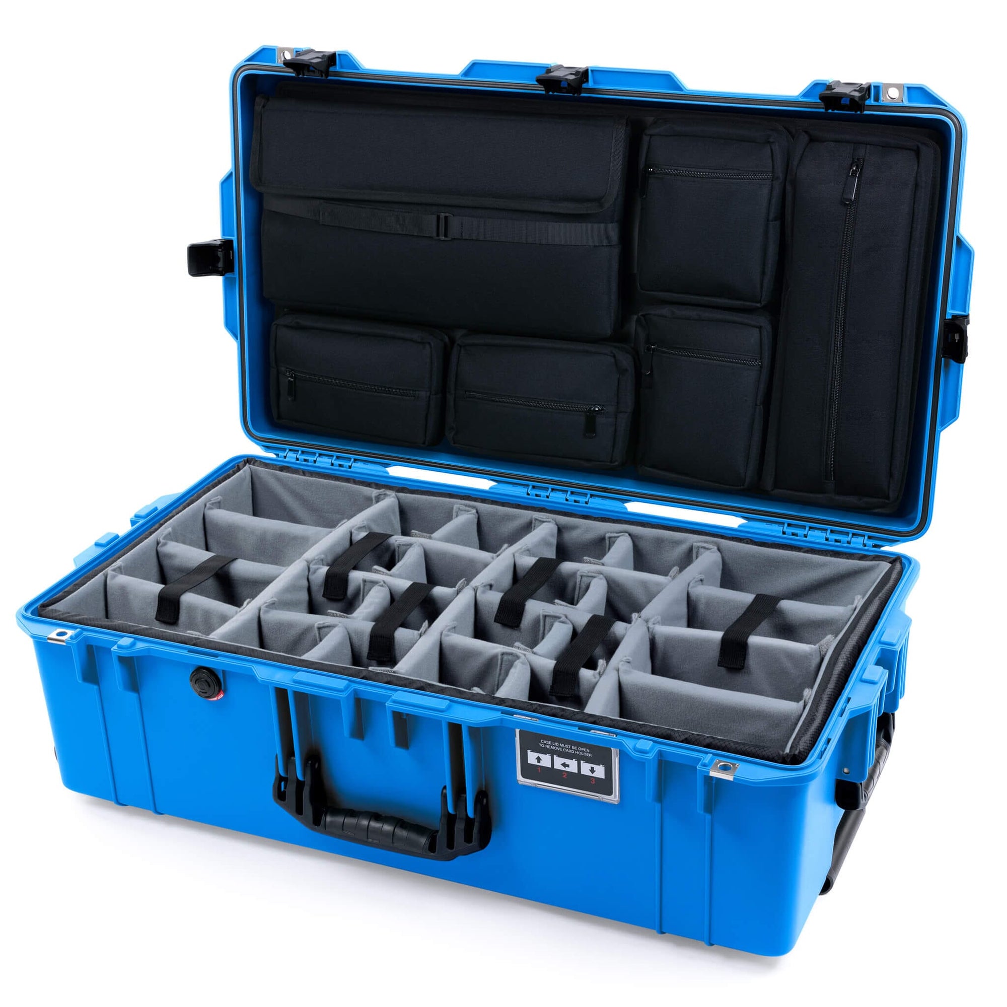 Pelican 1615 Air Case, Electric Blue with Black Handles, Latches & Trolley Gray Padded Microfiber Dividers with Laptop Computer Lid Pouch ColorCase 016150-0270-120-111-110