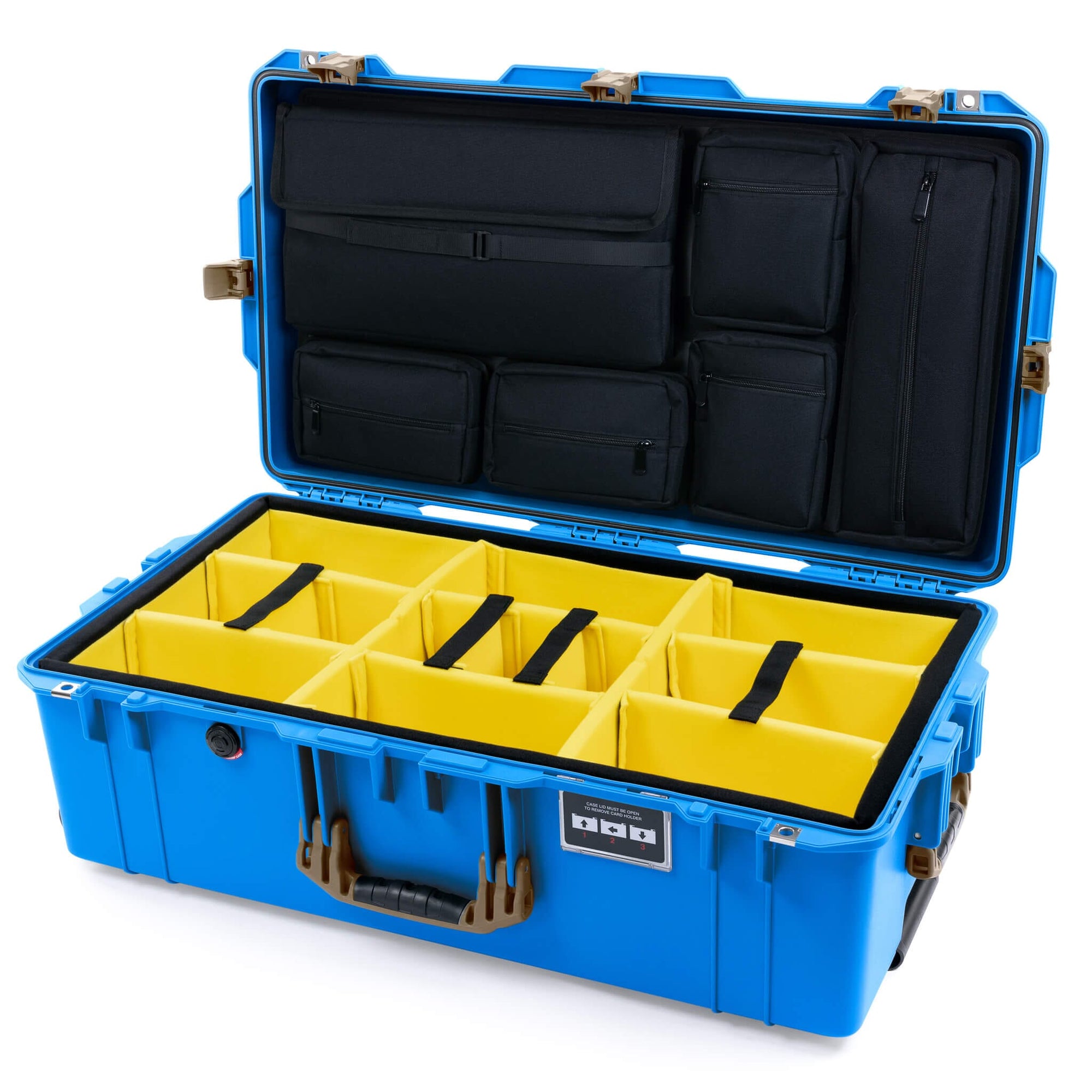 Pelican 1615 Air Case, Electric Blue with Dark Desert Dirt Handles & Latches Yellow Padded Microfiber Dividers with Laptop Computer Lid Pouch ColorCase 016150-0210-120-581