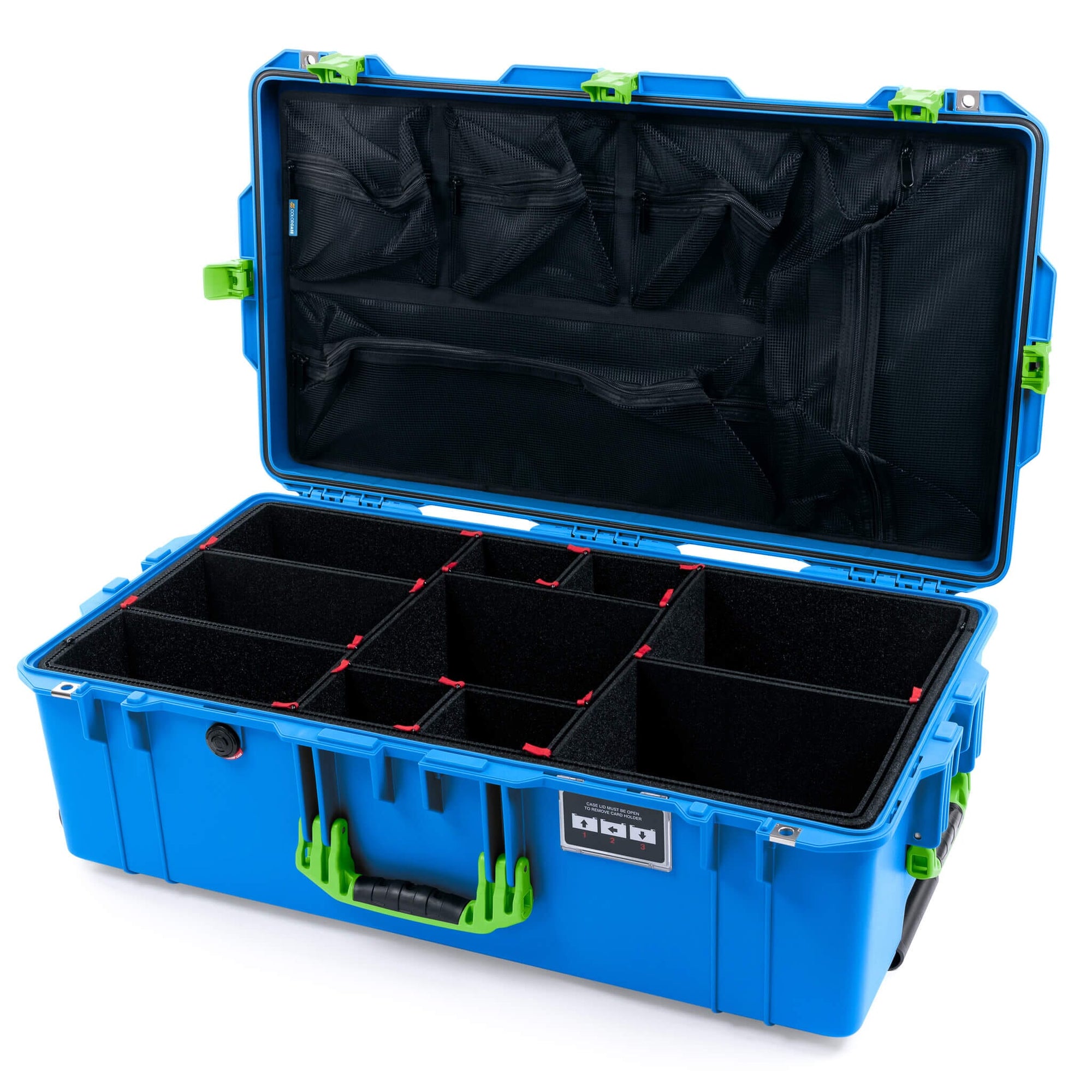 Pelican 1615 Air Case, Electric Blue with Lime Green Handles, Latches & Trolley TrekPak Divider System with Mesh Lid Organizer ColorCase 016150-0120-120-311-301