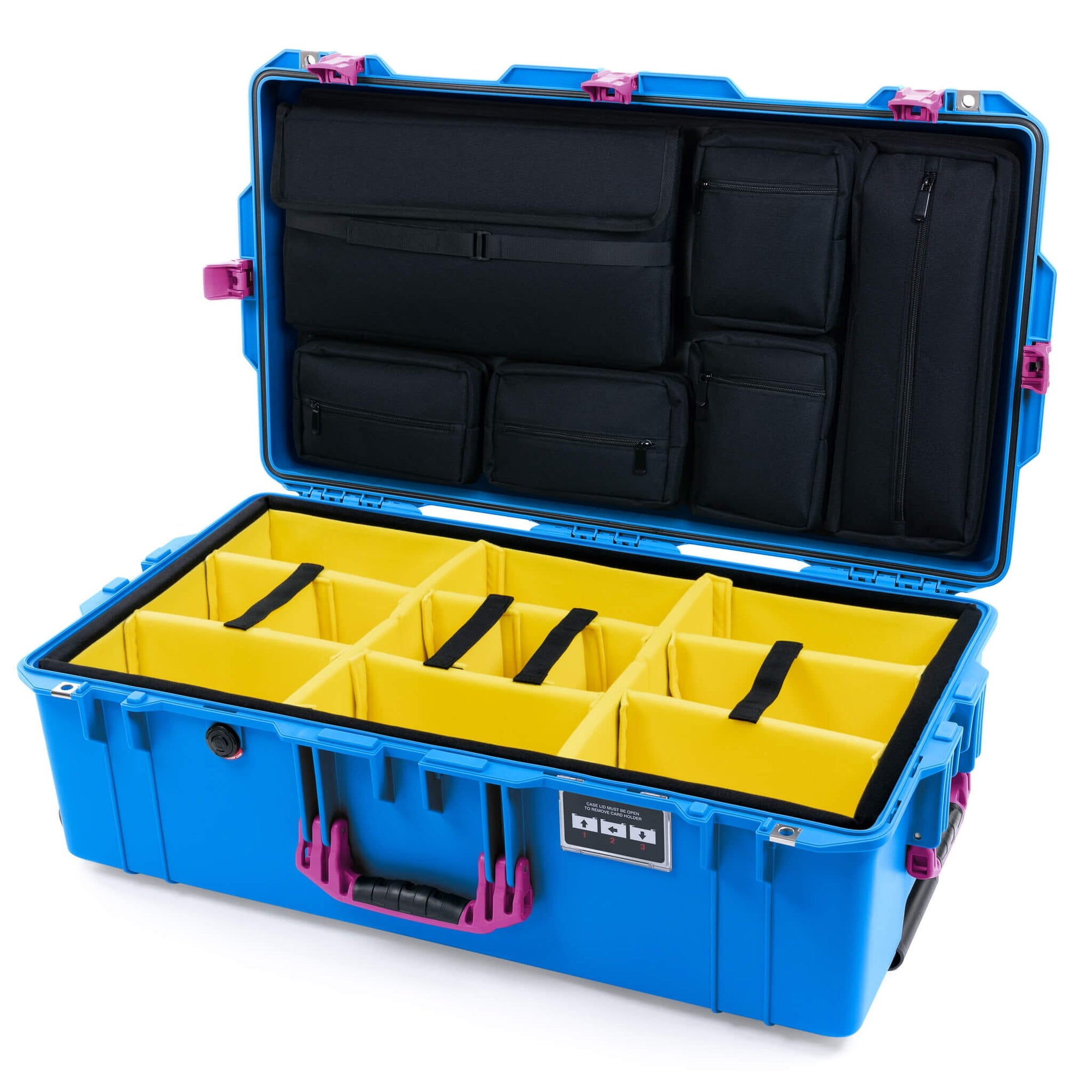Pelican 1615 Air Case, Electric Blue with Magenta Handles, Latches & Trolley Yellow Padded Microfiber Dividers with Laptop Computer Lid Pouch ColorCase 016150-0210-120-401-400