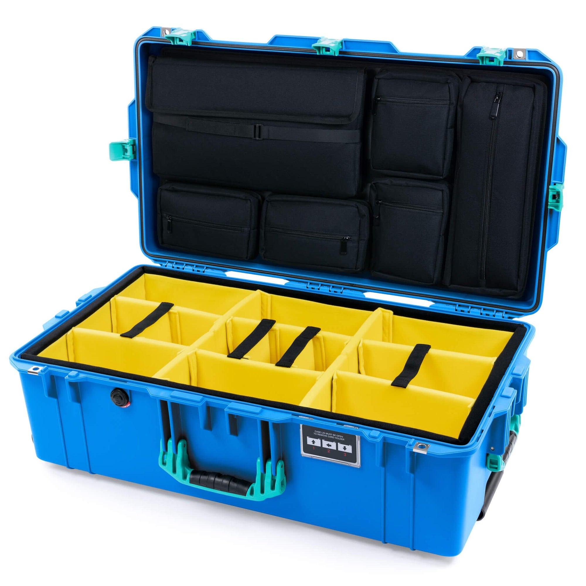 Pelican 1615 Air Case, Electric Blue with Teal Handles, Latches & Trolley Yellow Padded Microfiber Dividers with Laptop Computer Lid Pouch ColorCase 016150-0210-120-590-591
