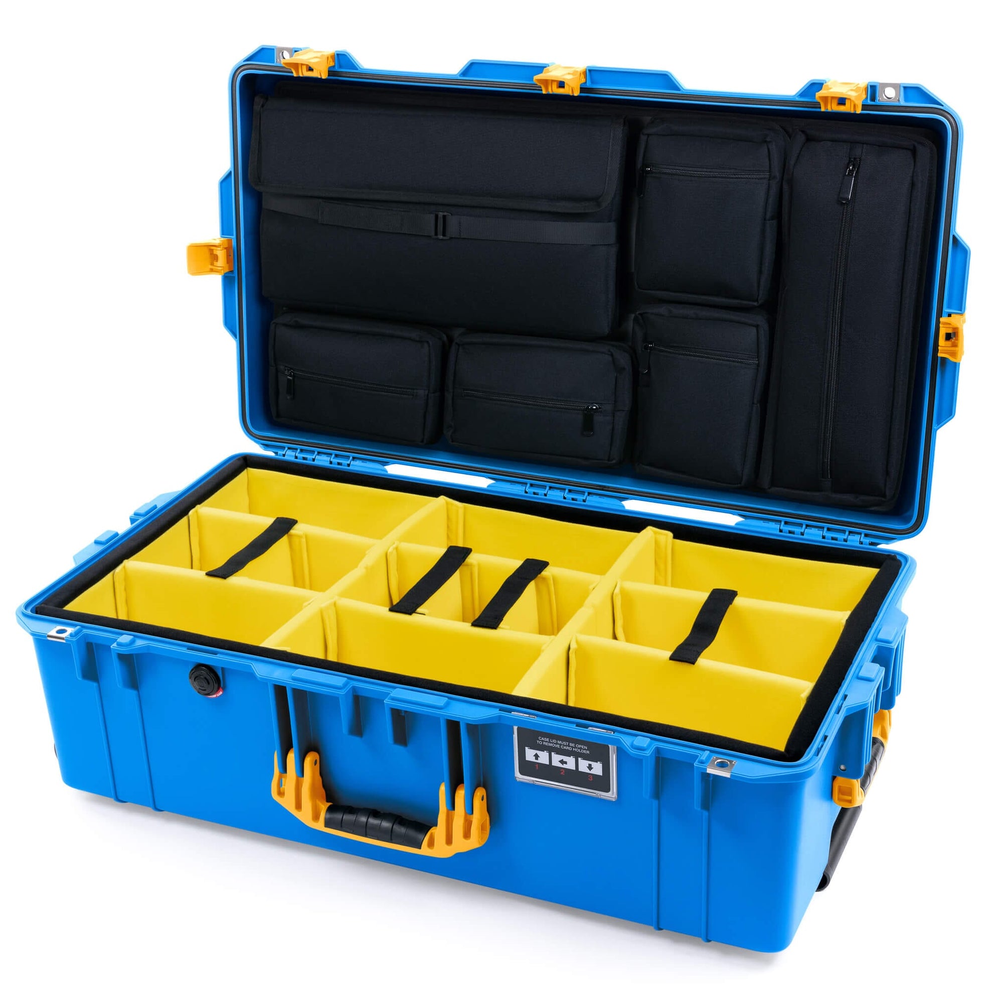 Pelican 1615 Air Case, Electric Blue with Yellow Handles, Latches & Trolley Yellow Padded Microfiber Dividers with Laptop Computer Lid Pouch ColorCase 016150-0210-120-590-591