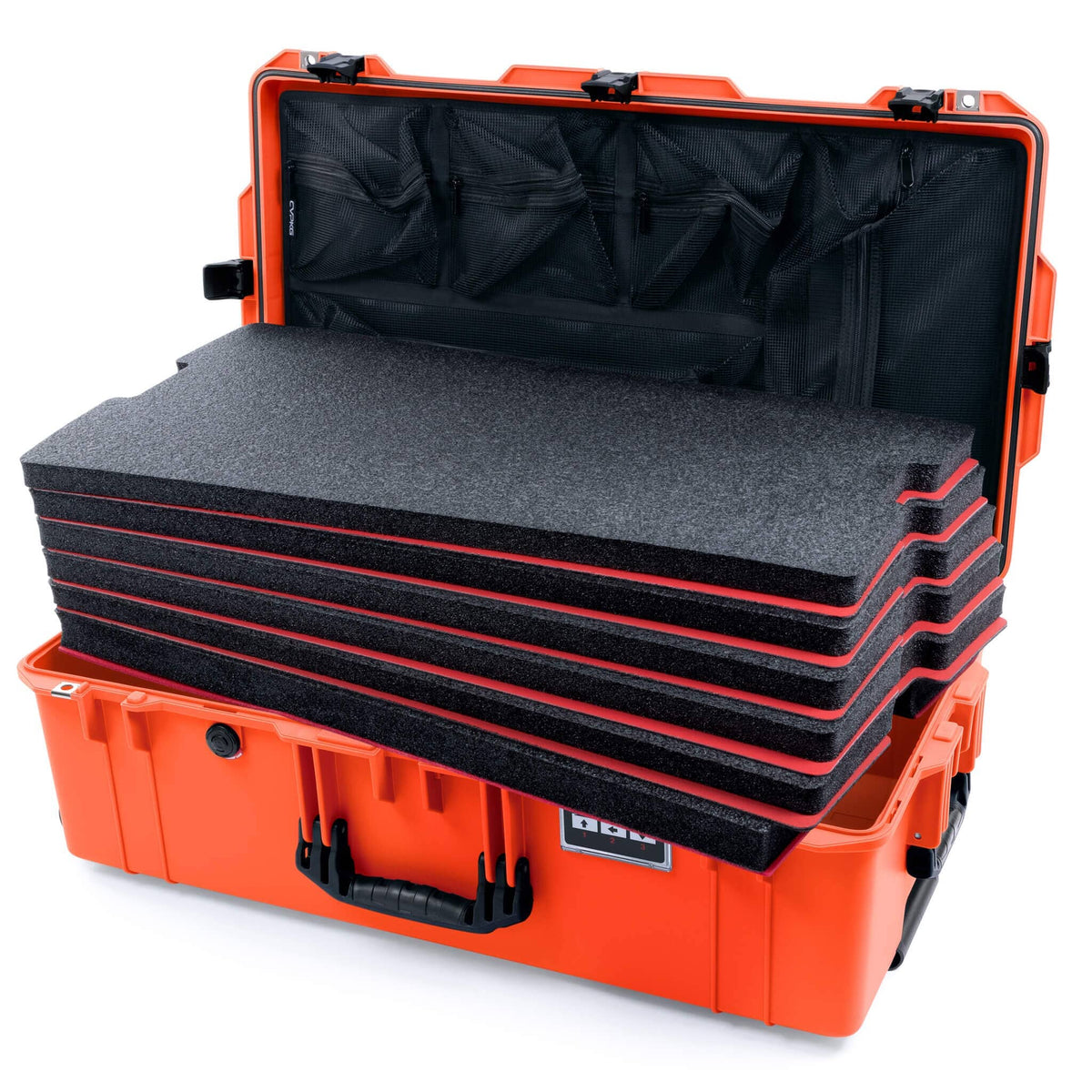 Pelican 1615 Air Case - Orange &amp; Black Custom Tool Kit (6 Foam Inserts with Mesh Lid Organizer) ColorCase 016150-0160-150-111