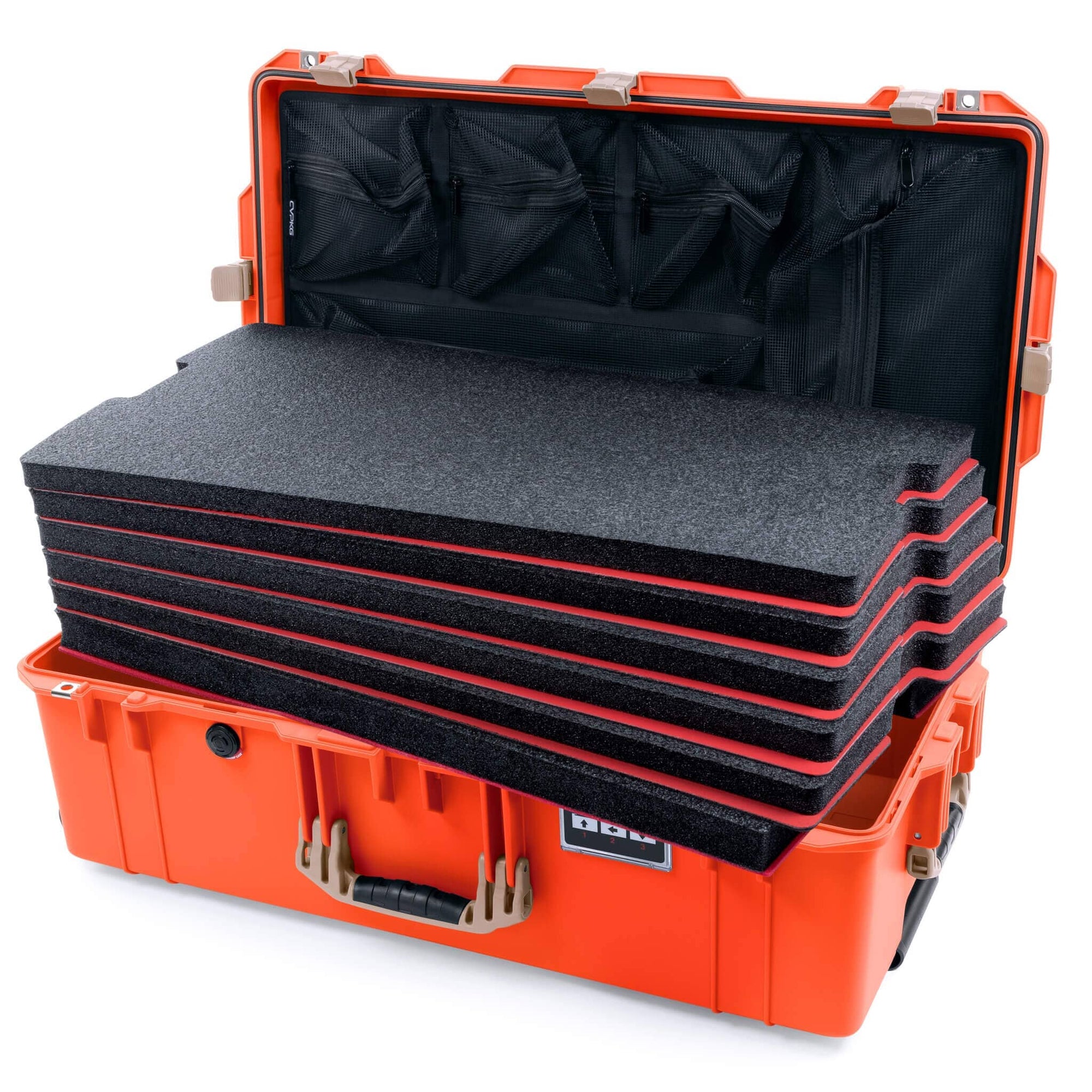 Pelican 1615 Air Case - Orange & Desert Tan Custom Tool Kit (6 Foam Inserts with Mesh Lid Organizer) ColorCase 016150-0160-150-311
