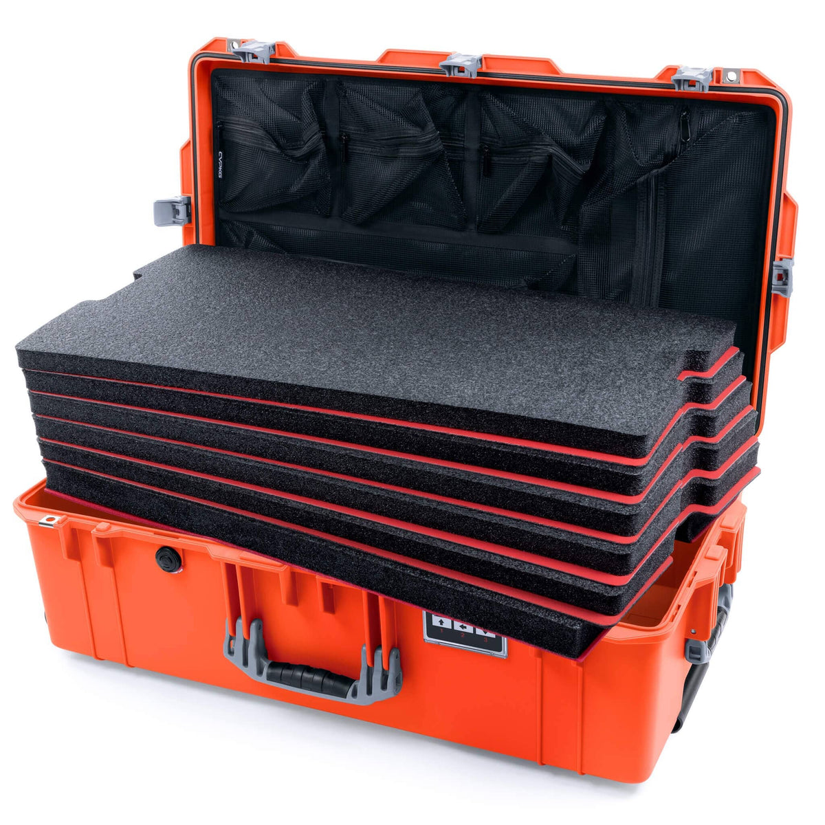 Pelican 1615 Air Case - Orange &amp; Silver Custom Tool Kit (6 Foam Inserts with Mesh Lid Organizer) ColorCase 016150-0160-150-181