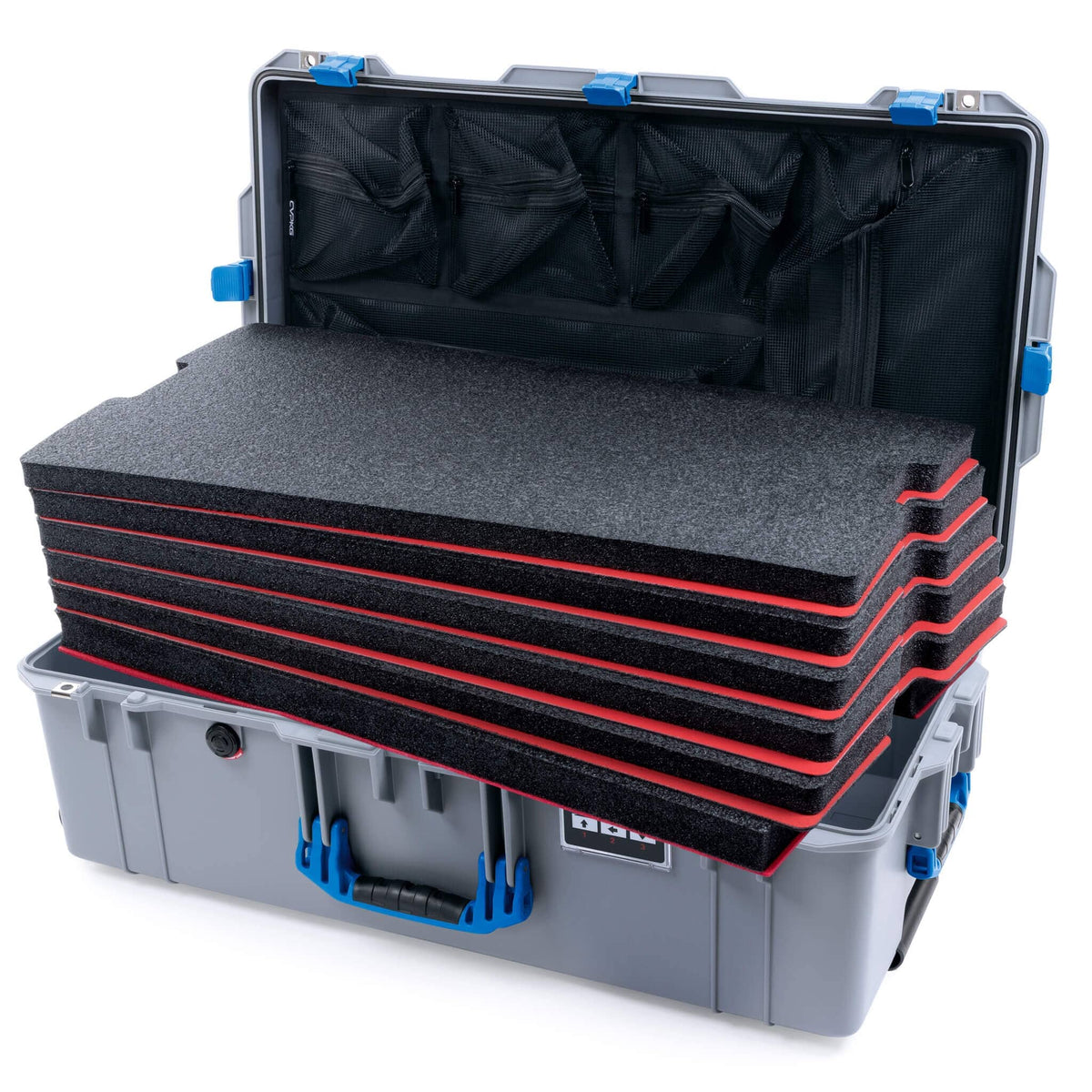 Pelican 1615 Air Case - Silver &amp; Blue Custom Tool Kit (6 Foam Inserts with Mesh Lid Organizer) ColorCase 016150-0160-180-121