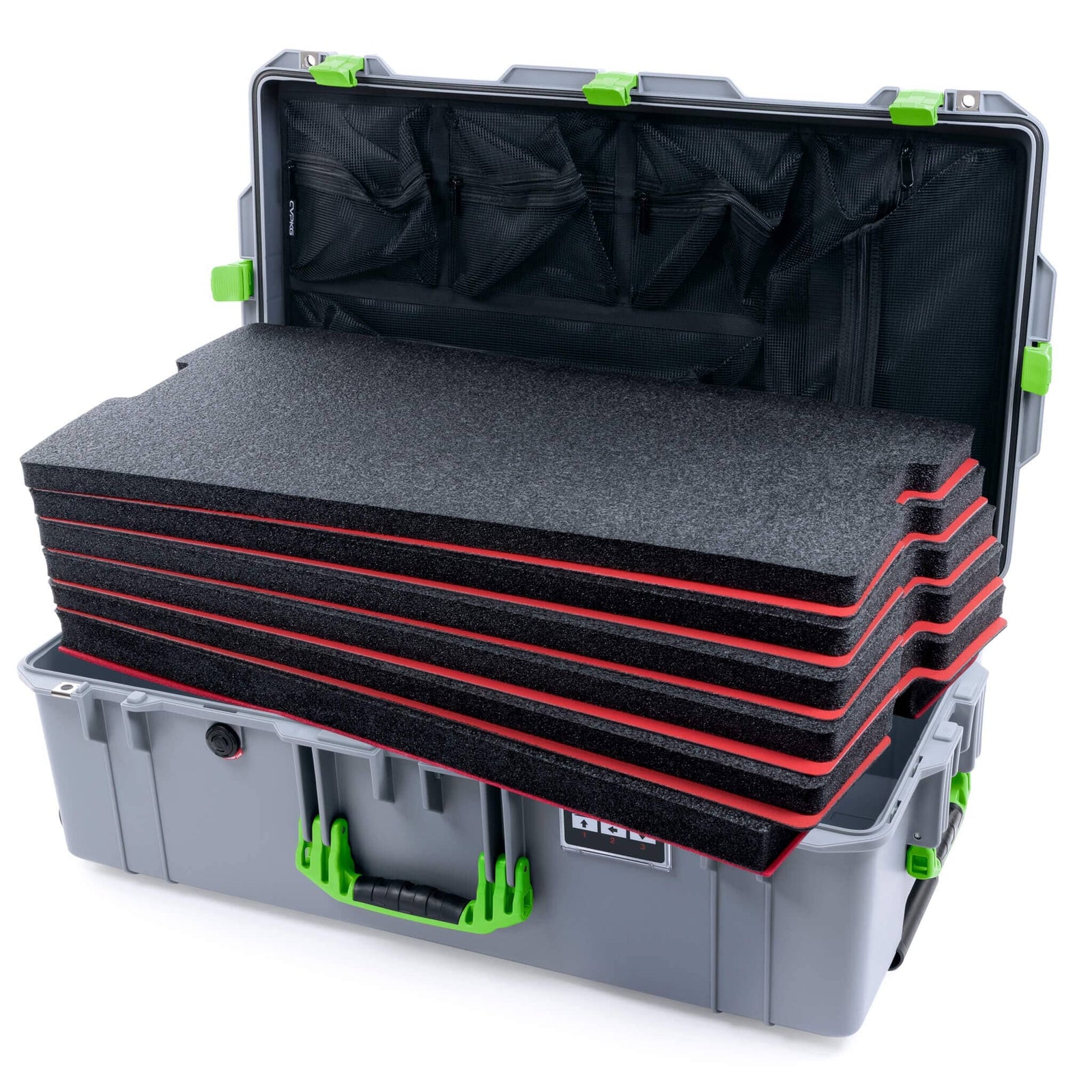 Pelican 1615 Air Case - Silver & Lime Green Custom Tool Kit (6 Foam Inserts with Mesh Lid Organizer) ColorCase 016150-0160-180-301